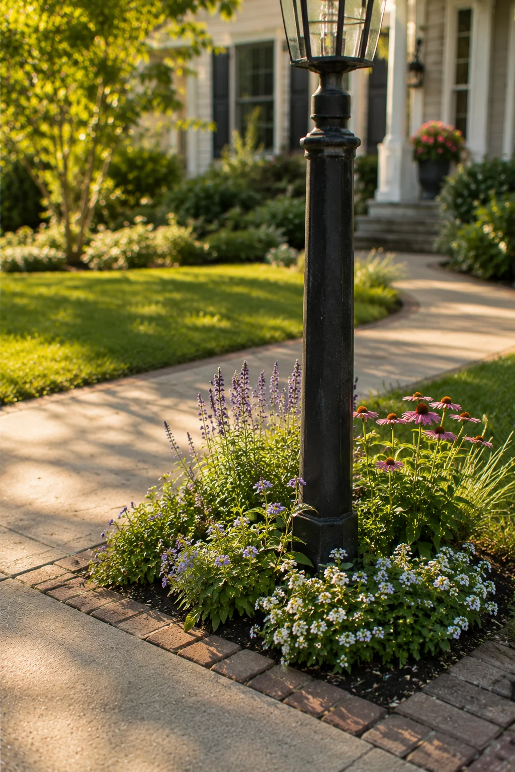 lamp post focal border front garden idea