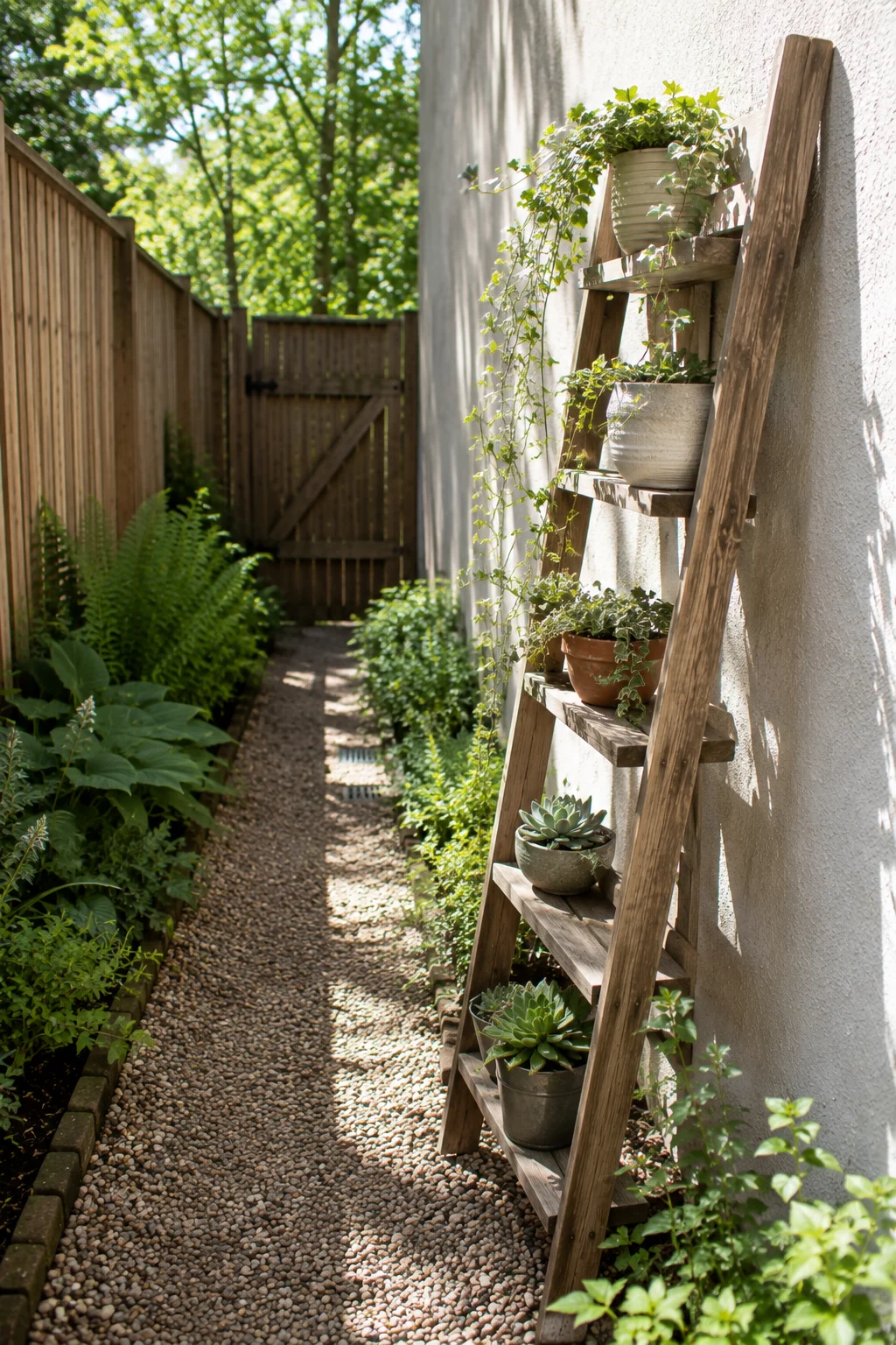 Ladder shelf plant display in a narrow garden space