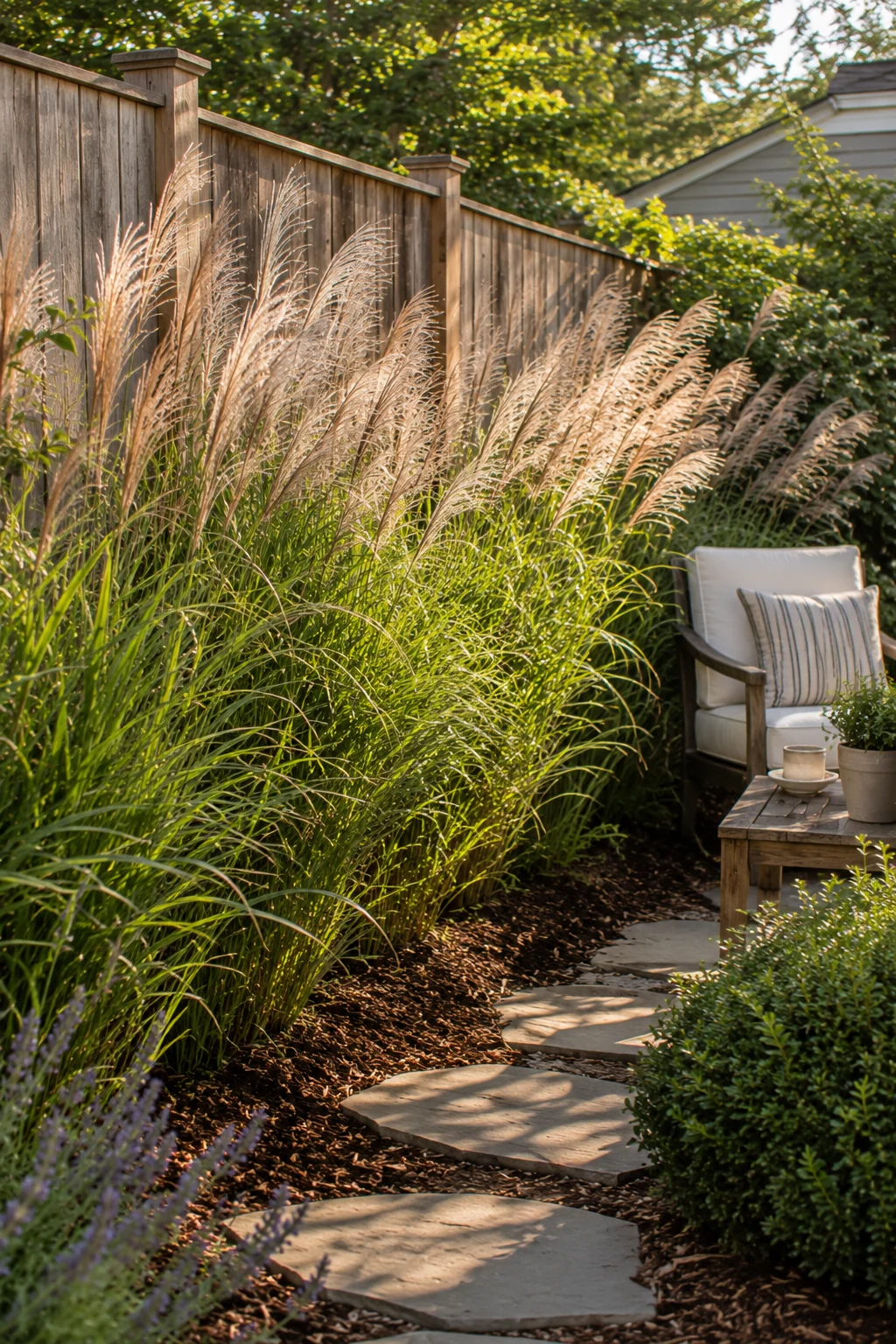 Grass buffer planting reducing noise near a backyard retreat