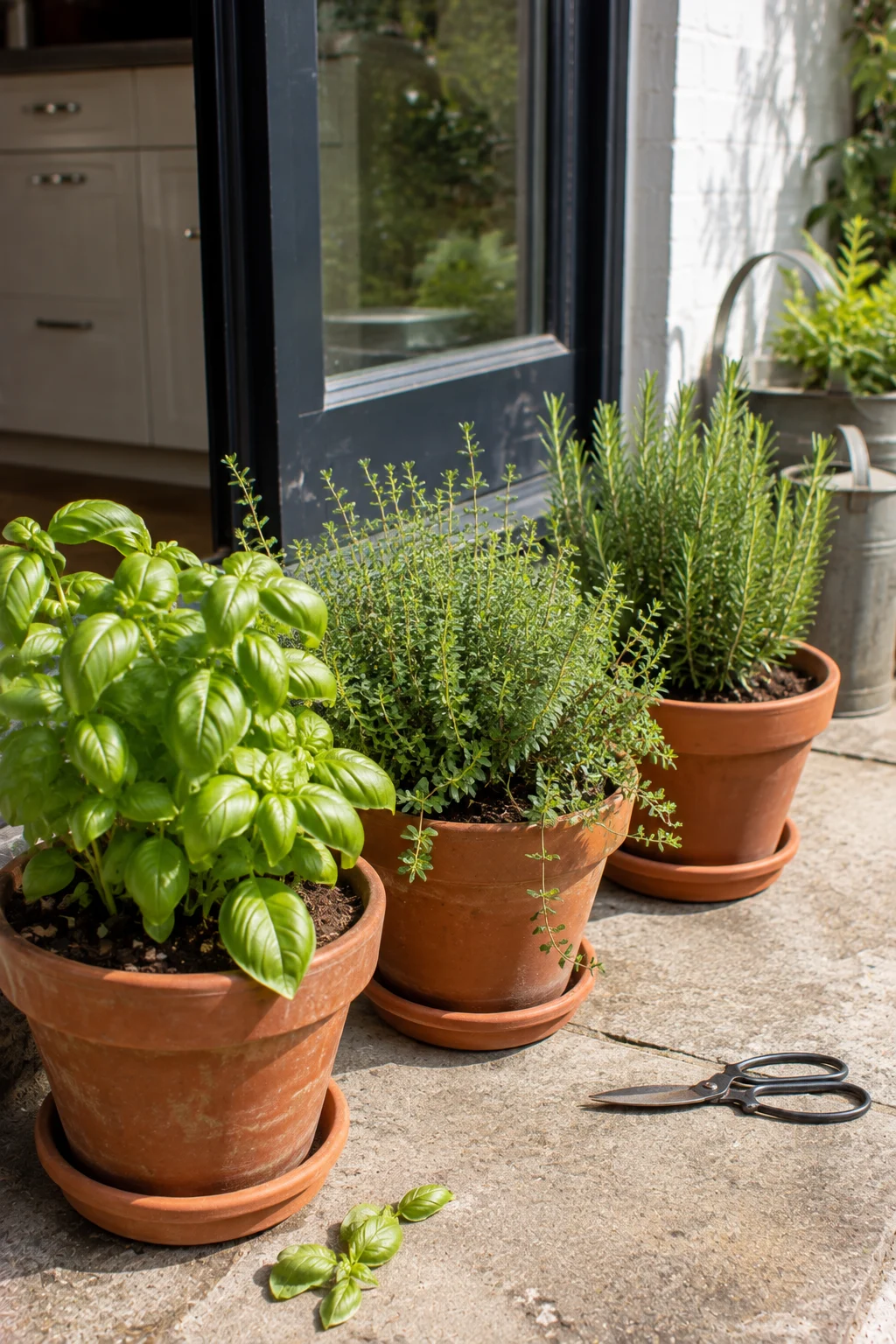 Kitchen herb container garden with basil and rosemary on a patio