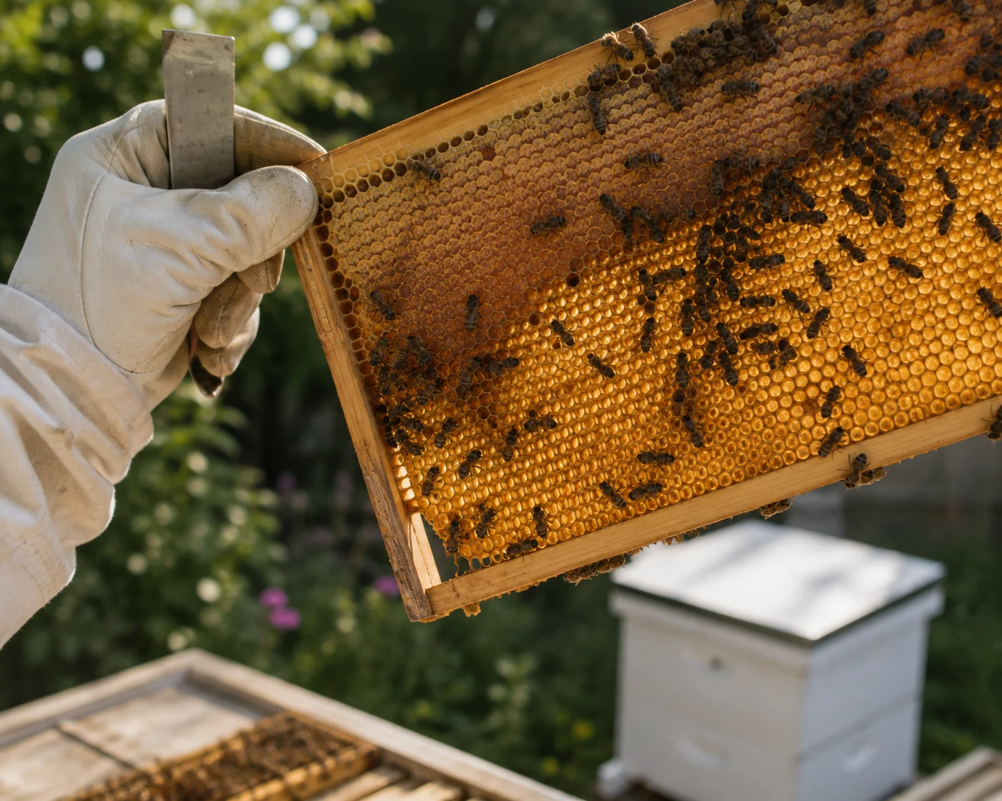 beekeeper holding brood frame sunlight angle eggs inspection technique correct beginner