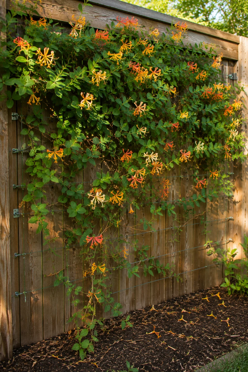 Flowering honeysuckle vine trained along a privacy fence