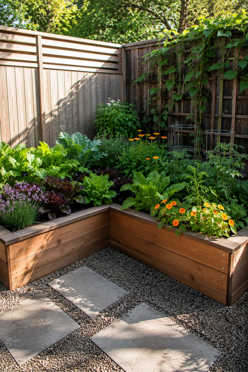 L-shaped corner raised bed design idea