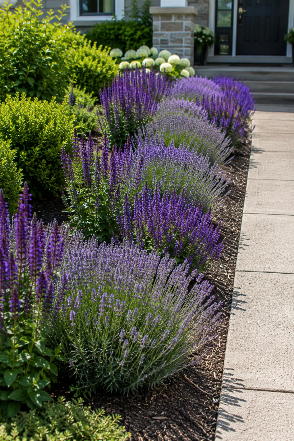 Repeating purple color block planting in a front yard bed