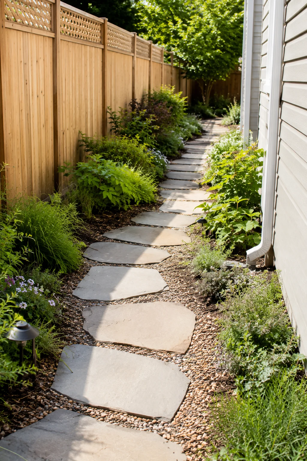 Curved stepping stone path through a narrow side yard