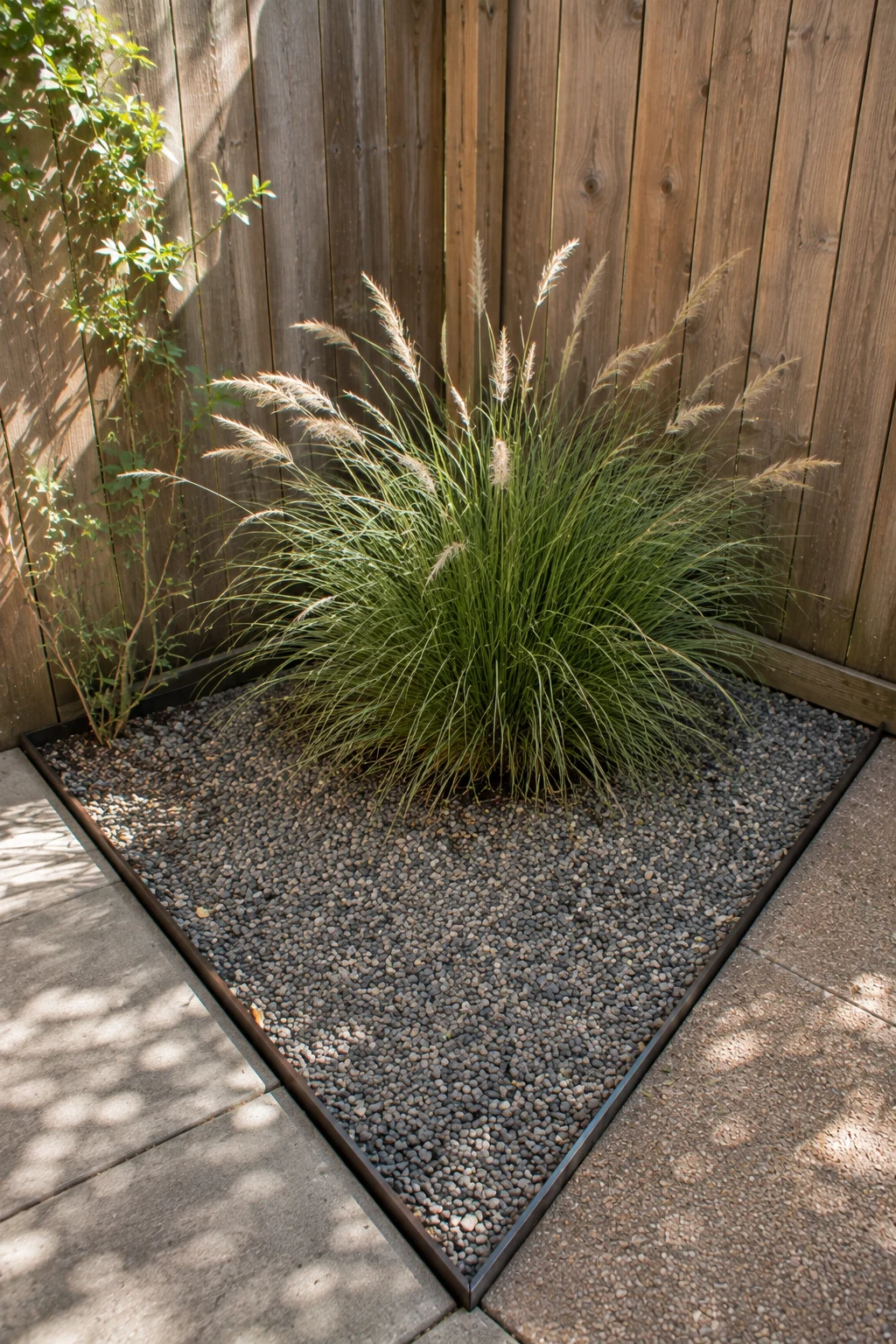 Wedge-shaped gravel bed with ornamental grass in a tight corner
