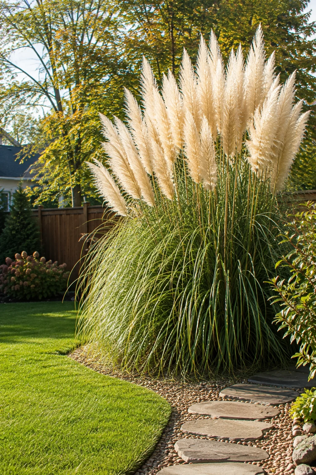 Pampas grass focal point planting in a fall backyard