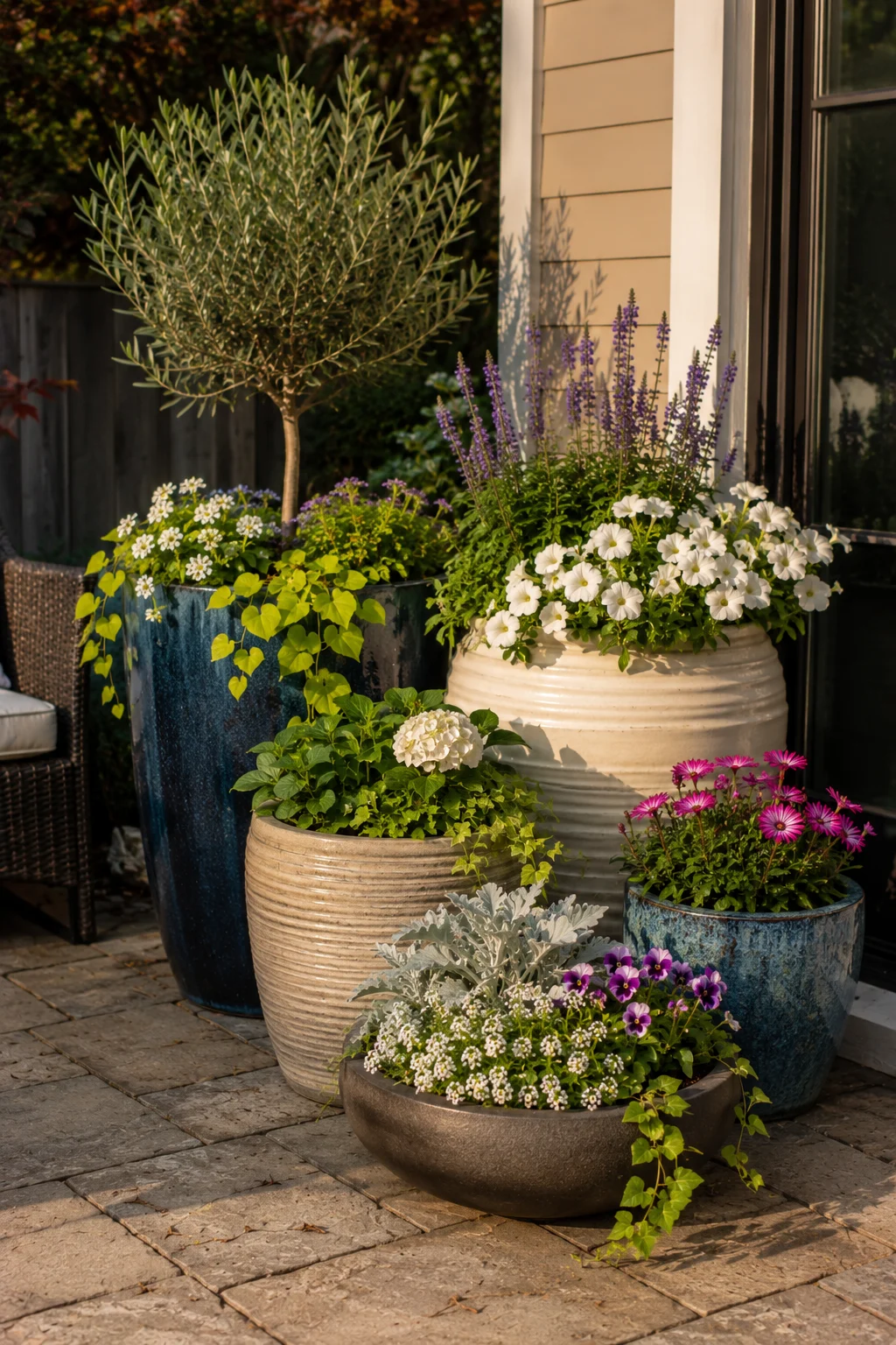 Grouped cluster of five planters in a patio corner