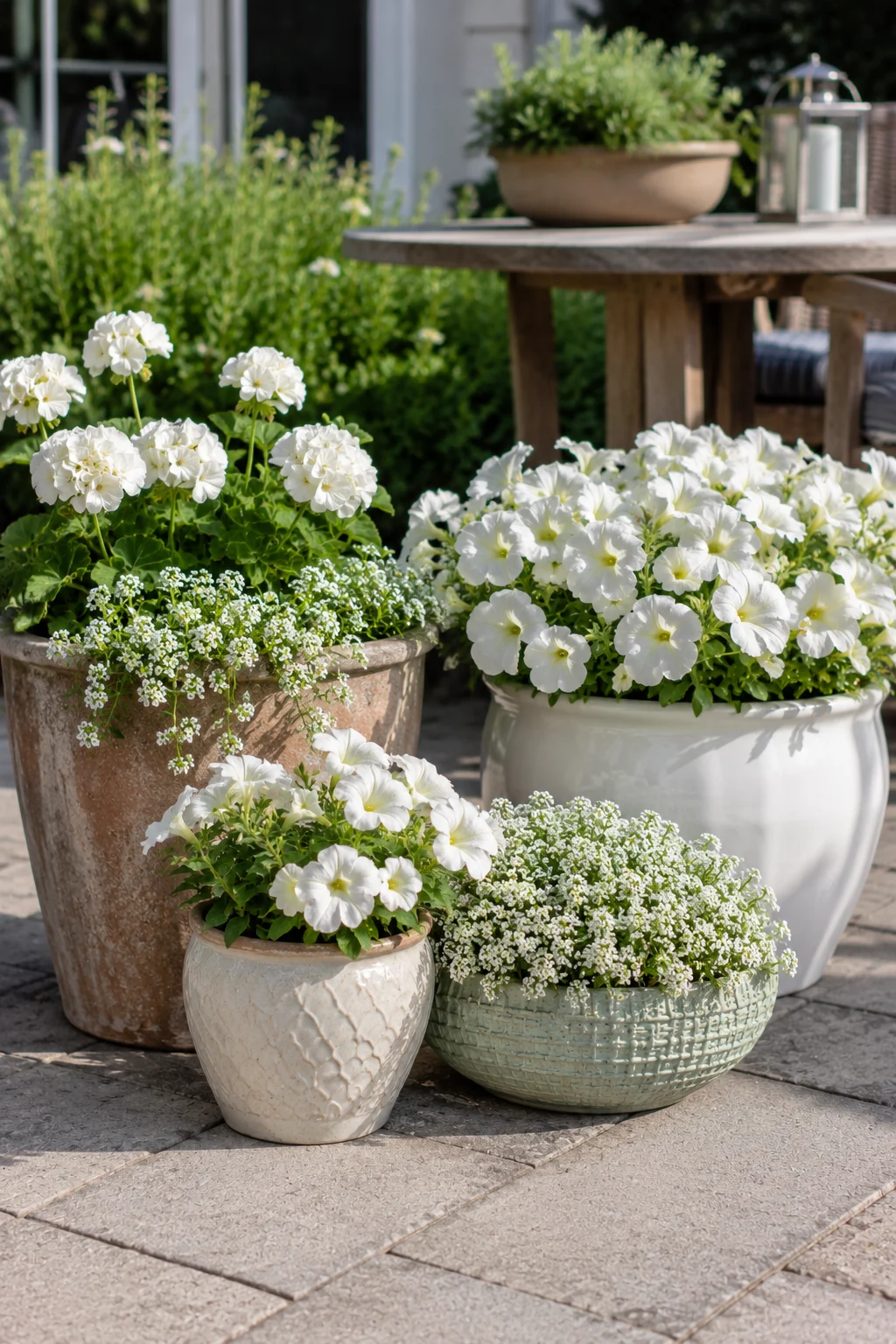 Monochromatic white flower planters grouped on a patio