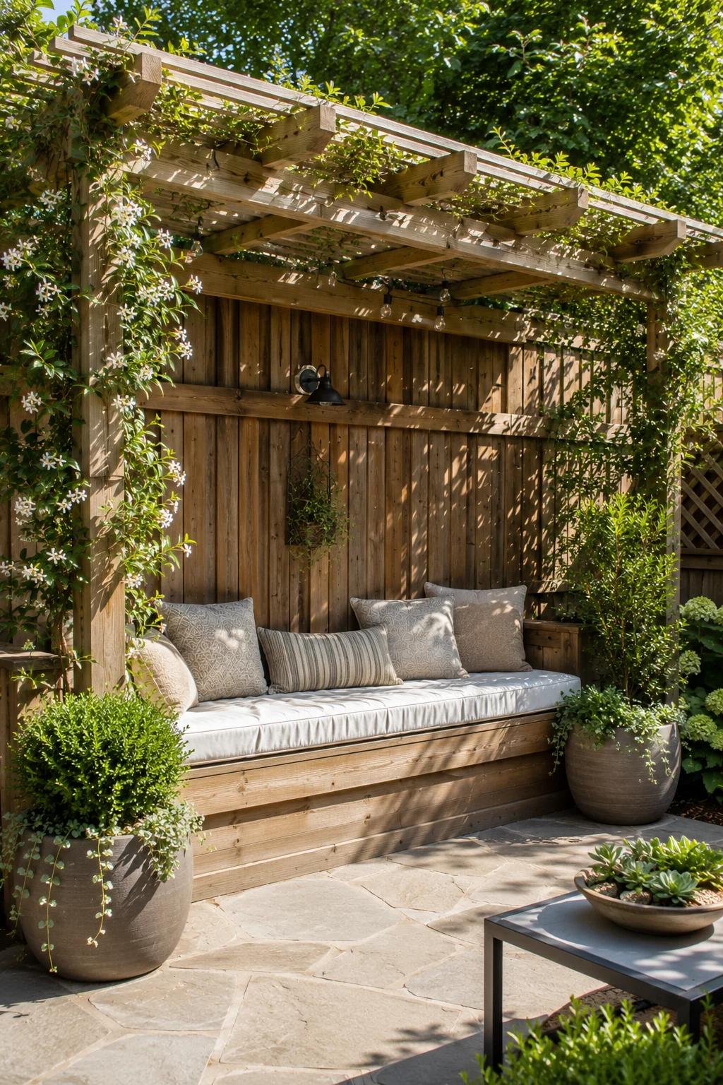 Pergola with outdoor curtains creating a private backyard retreat