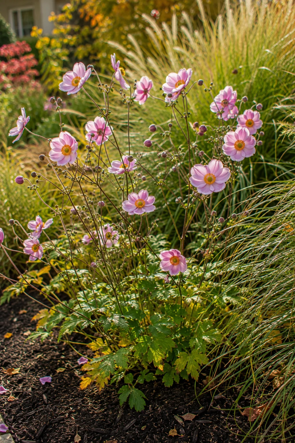 Japanese anemone blooming among grasses in a fall garden
