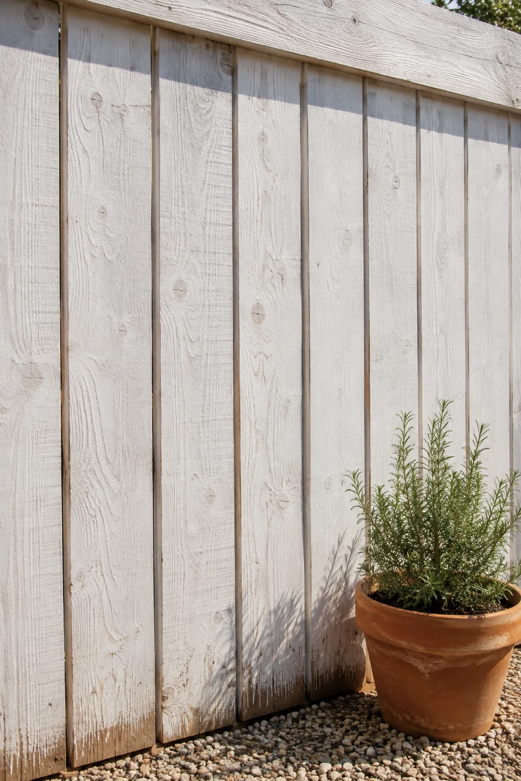 Whitewashed cedar fence with visible wood grain for a coastal backyard look