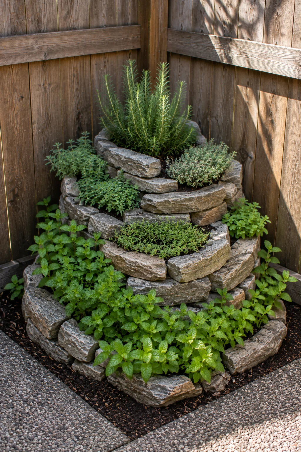 Narrow wedge herb spiral built into a tight garden corner