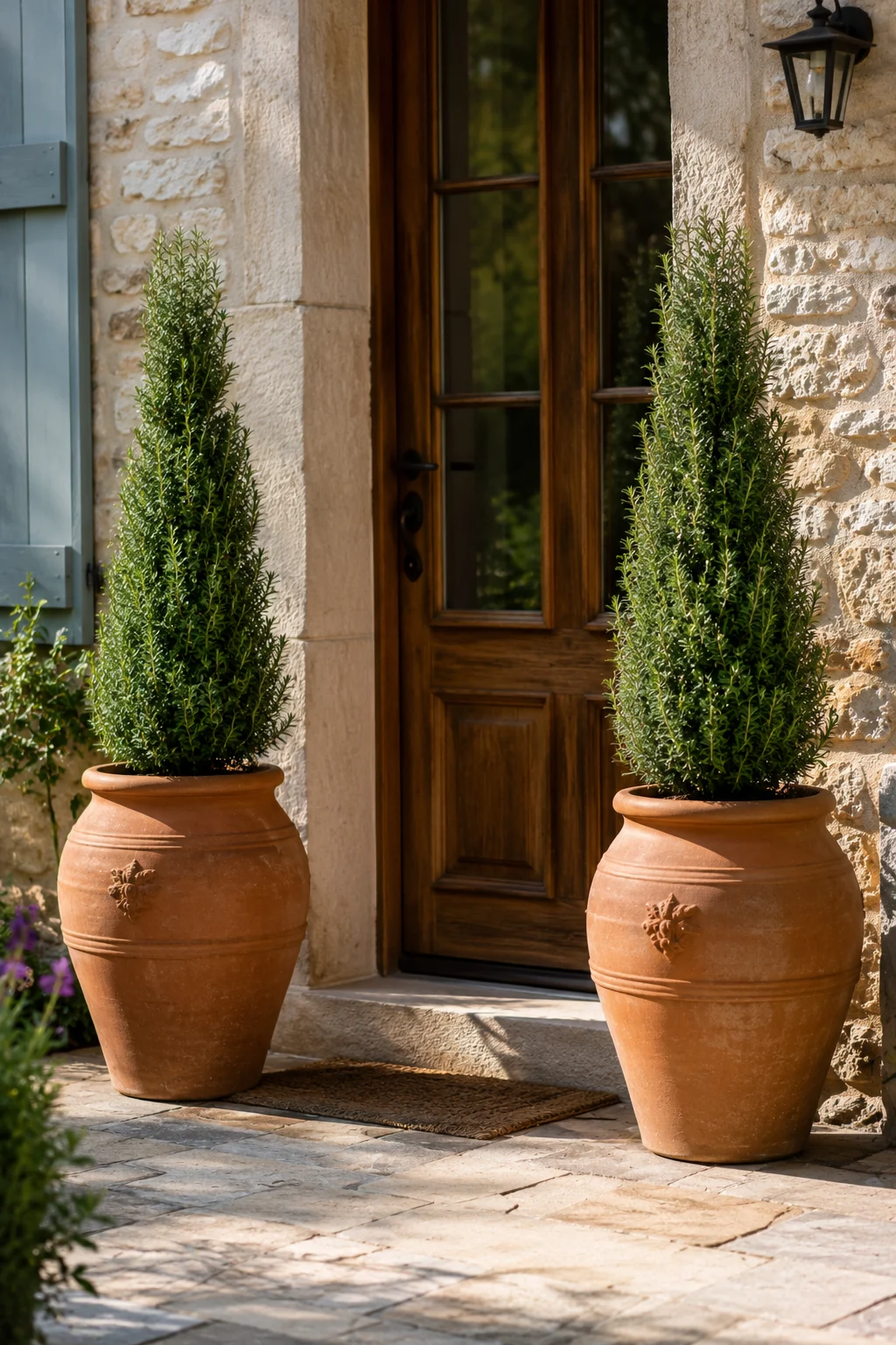 Matching planter pair flanking a patio doorway