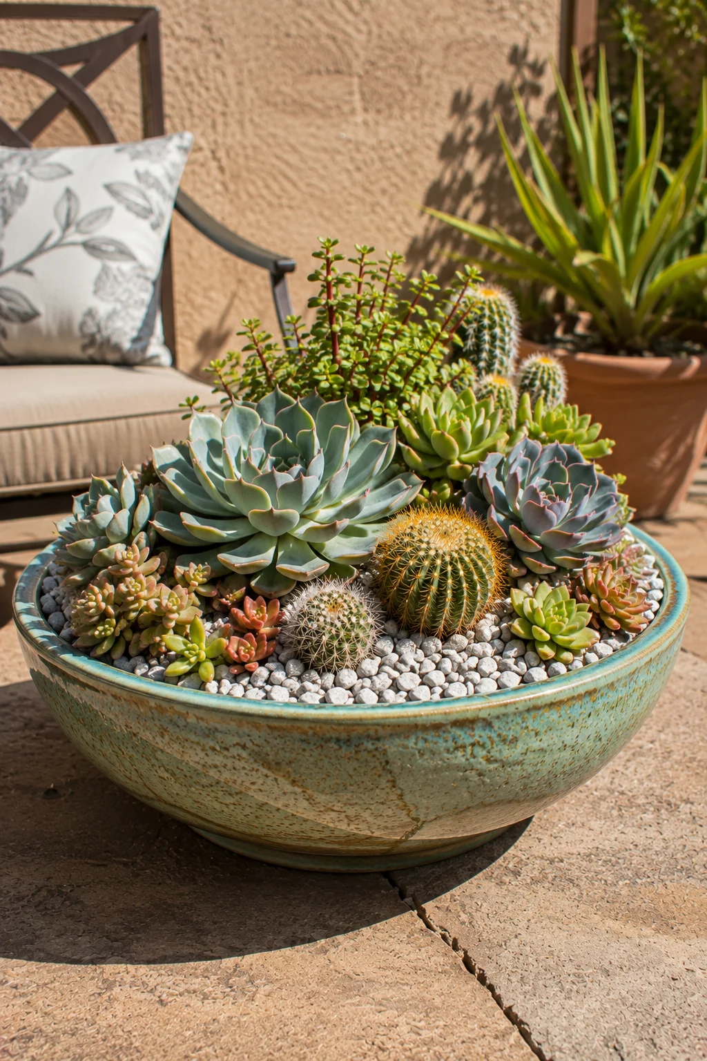 Water-wise succulent planter with decorative gravel on a patio