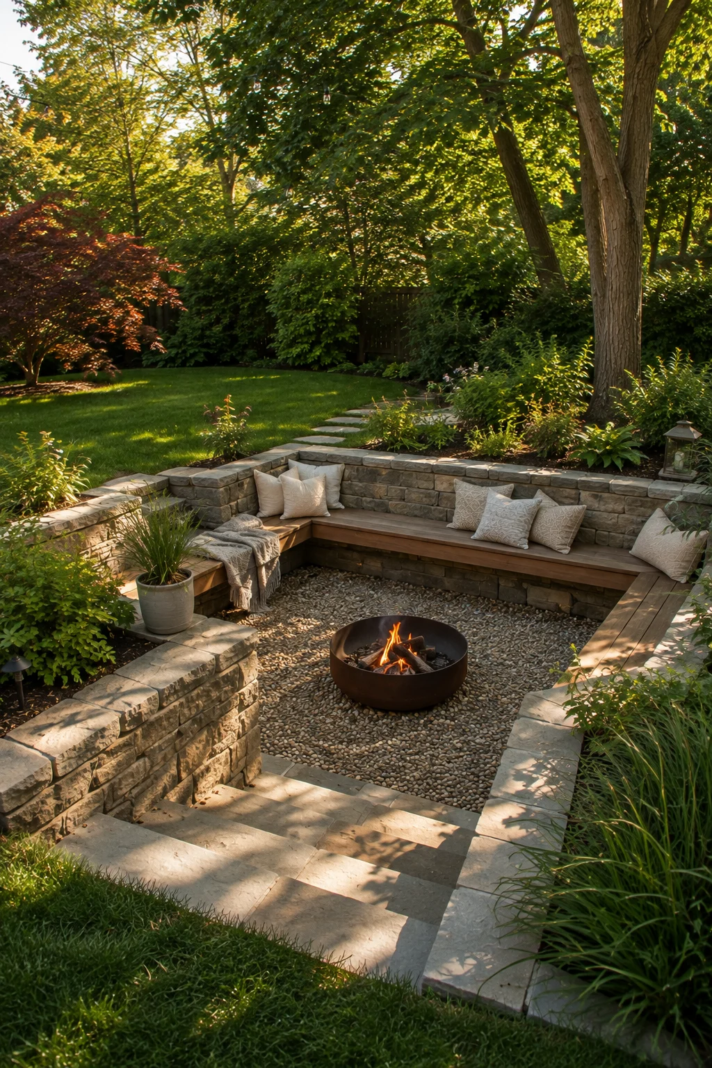 Sunken conversation pit creating a private backyard retreat space