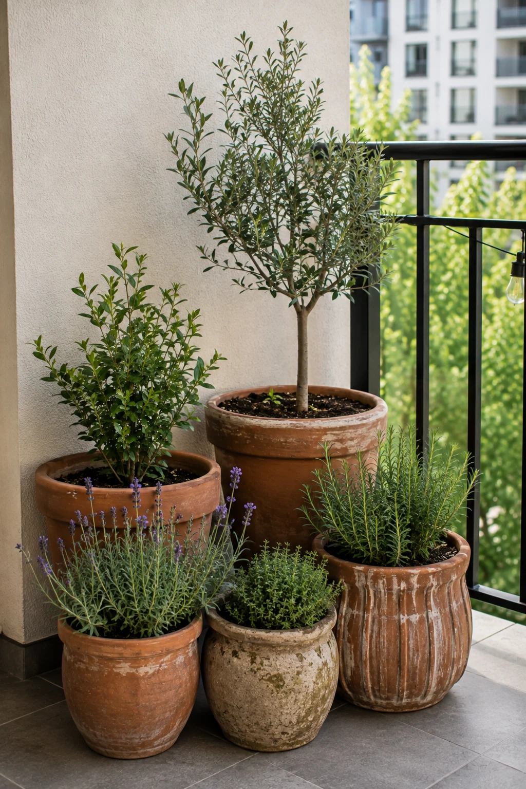 grouped pot cluster balcony garden idea