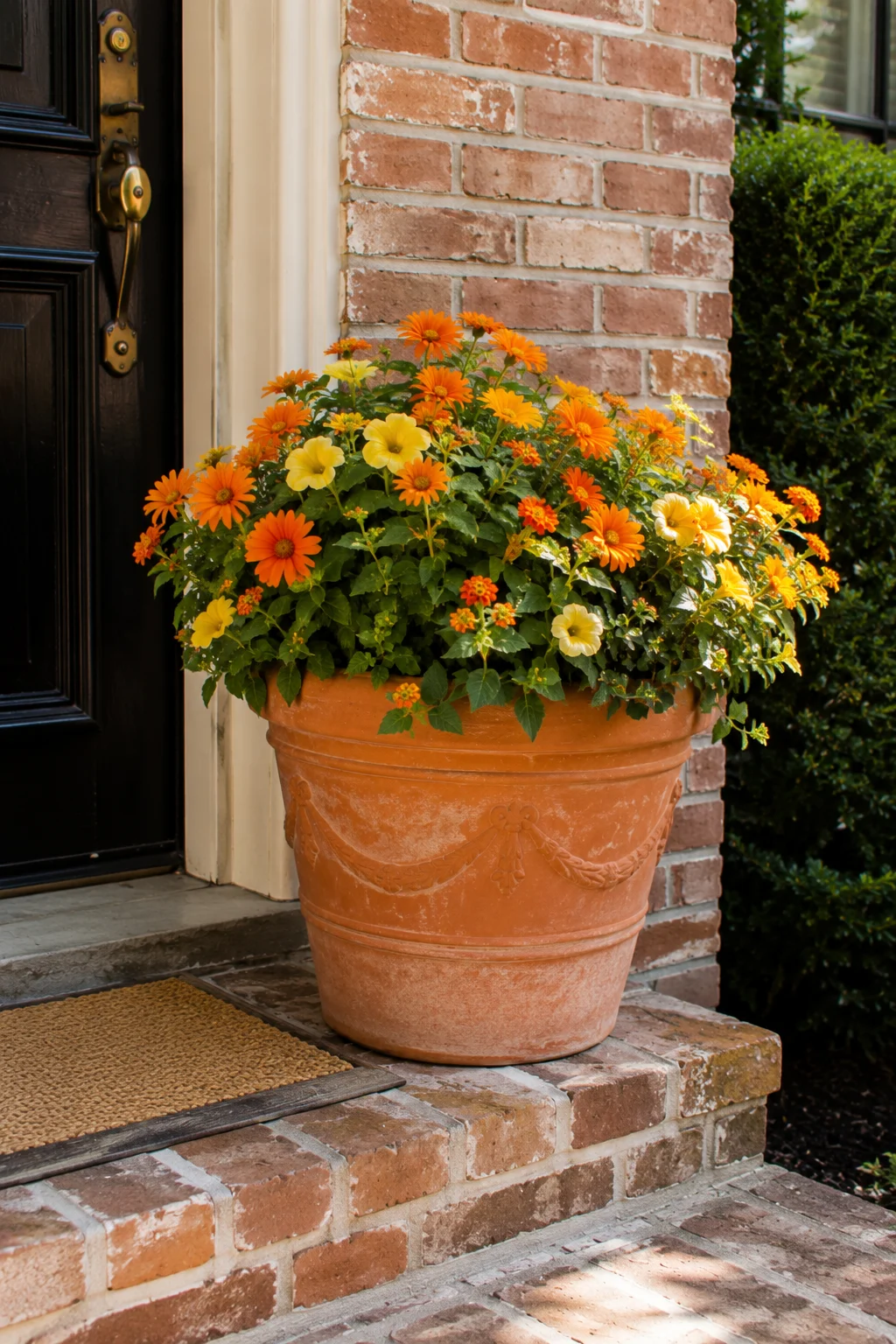 Container planter adding a color pop near a front door