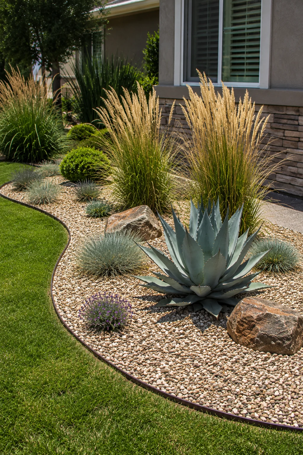 Xeriscape corner bed with gravel and drought-tolerant plants