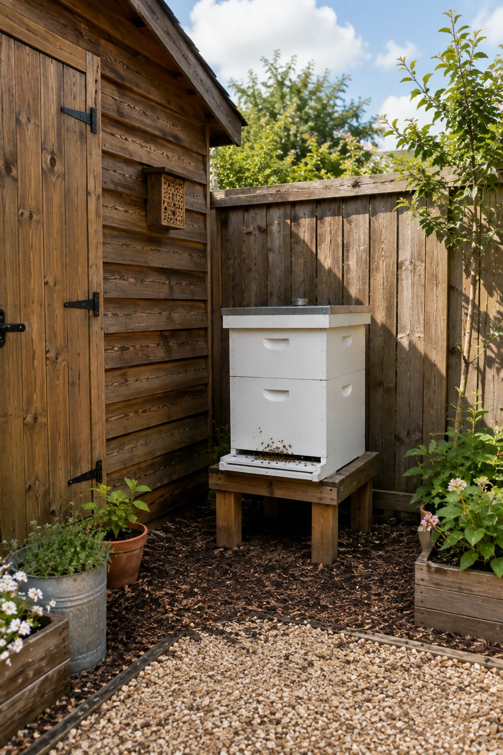 Beehive tucked behind a garden shed for flight path screening