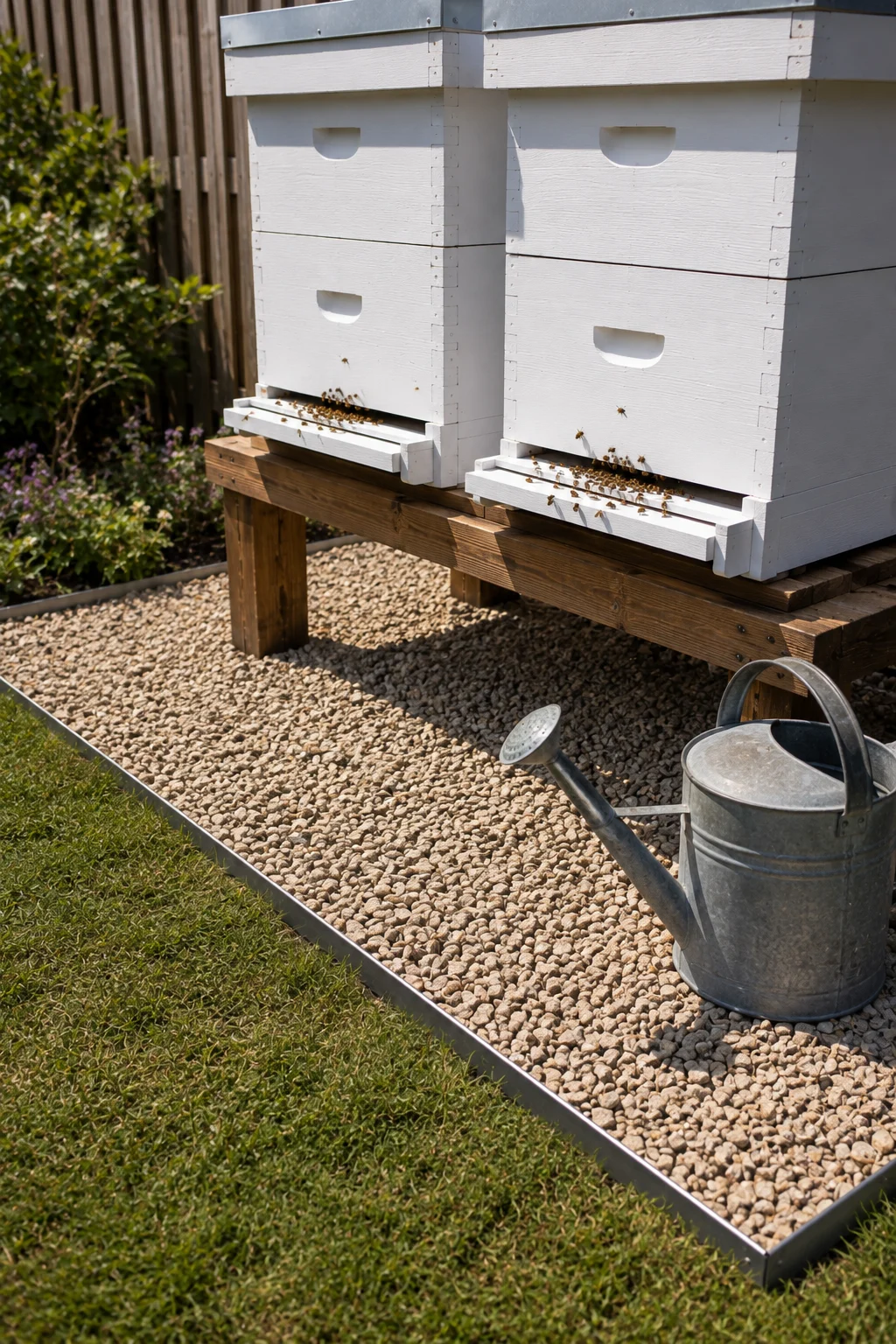 Gravel apron beneath a backyard beehive stand