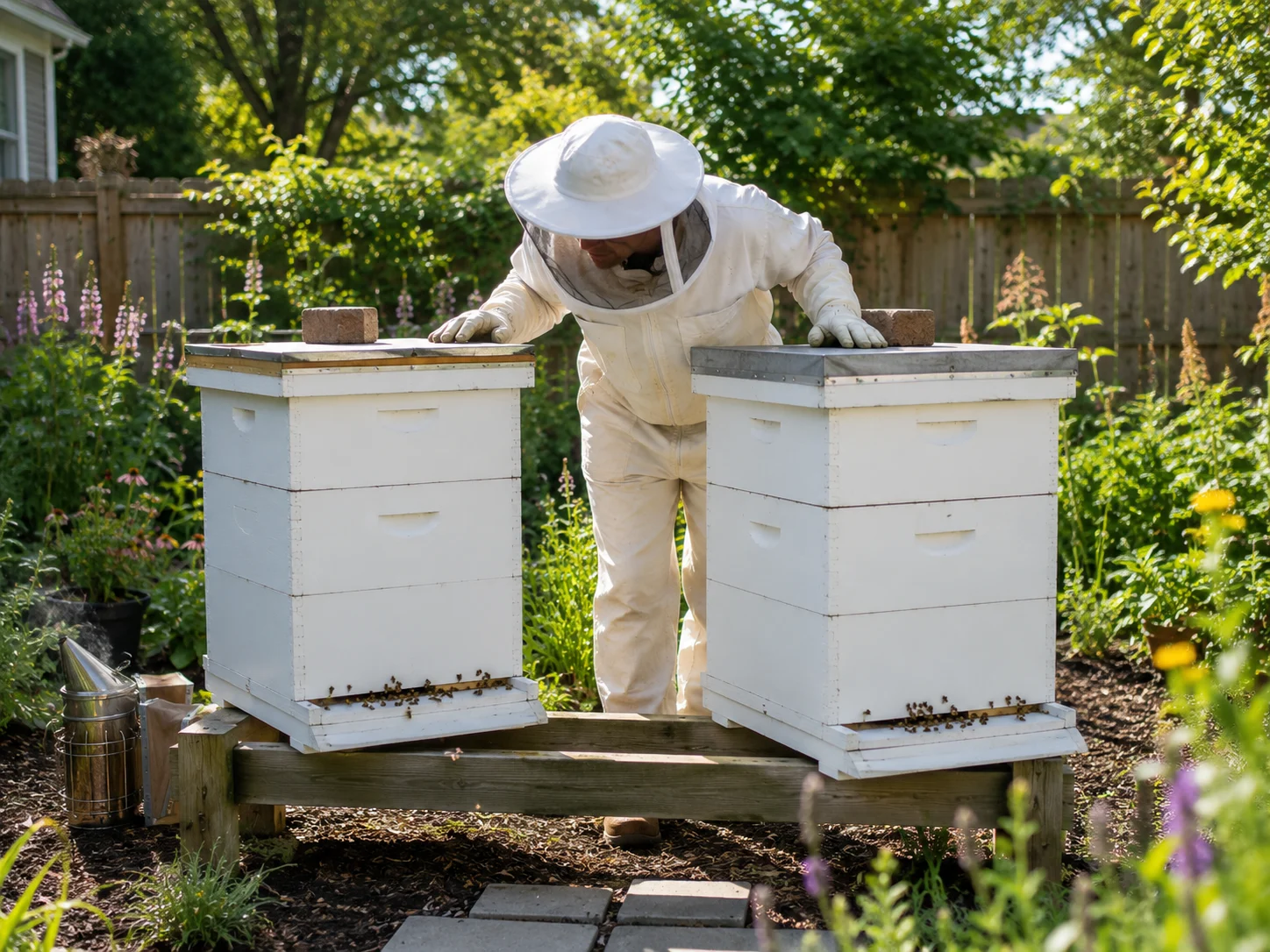 two Langstroth beehives side by side garden beginner beekeeper comparison two hive setup