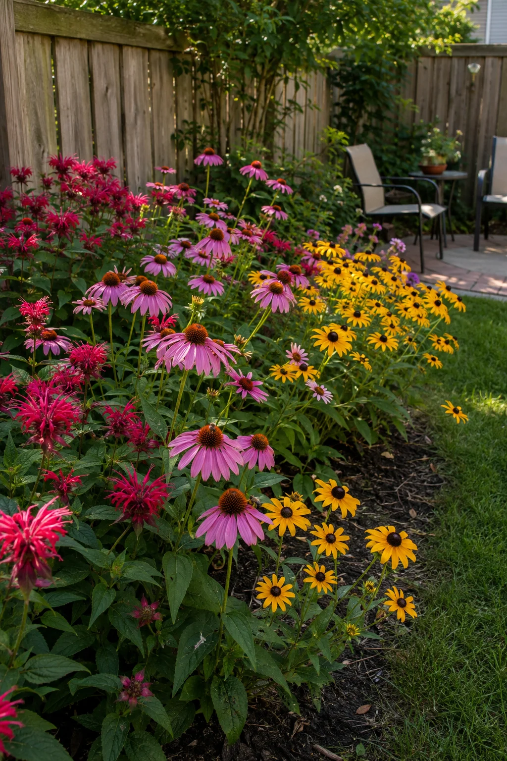 Small backyard pollinator garden bed with coneflower and bee balm along a fence
