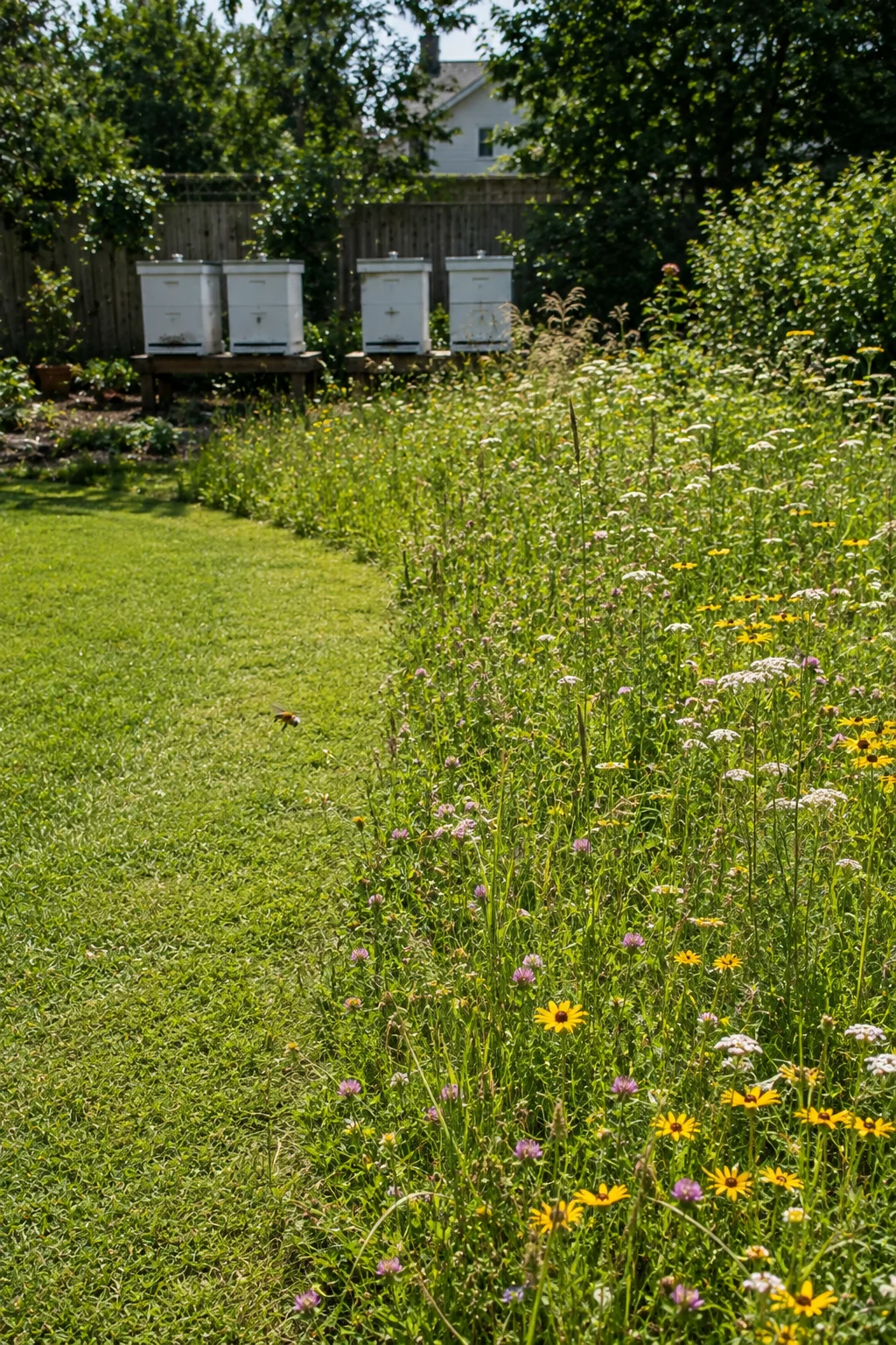 Pollinator meadow buffer zone planted near backyard beehives
