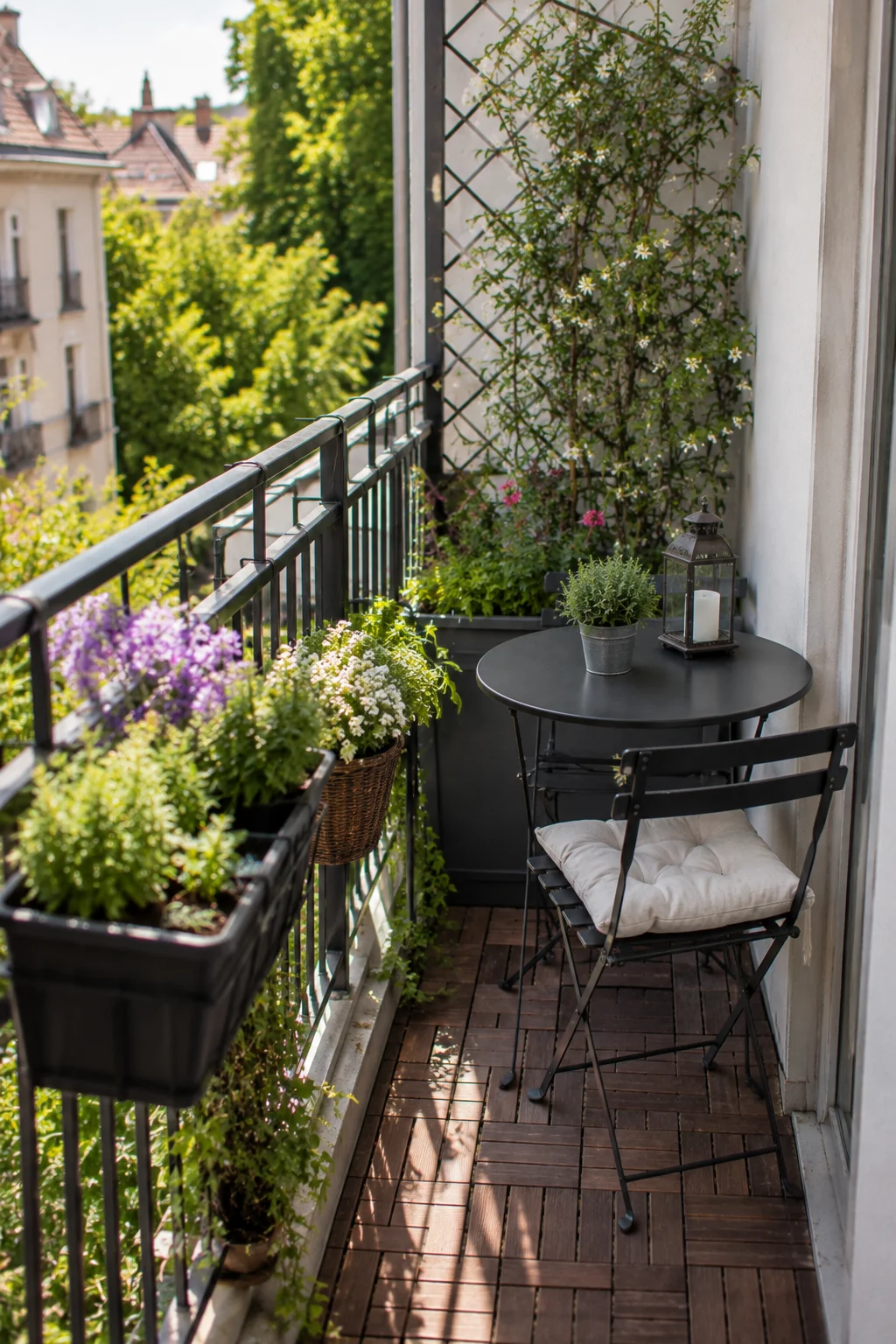 Slim bistro corner furniture on a narrow balcony