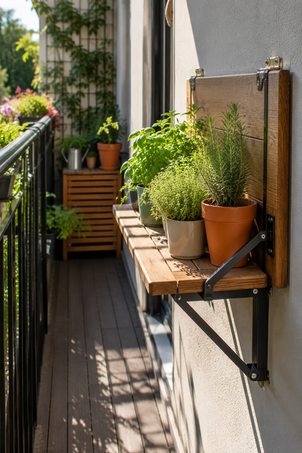 Fold-down shelf garden on a narrow balcony wall