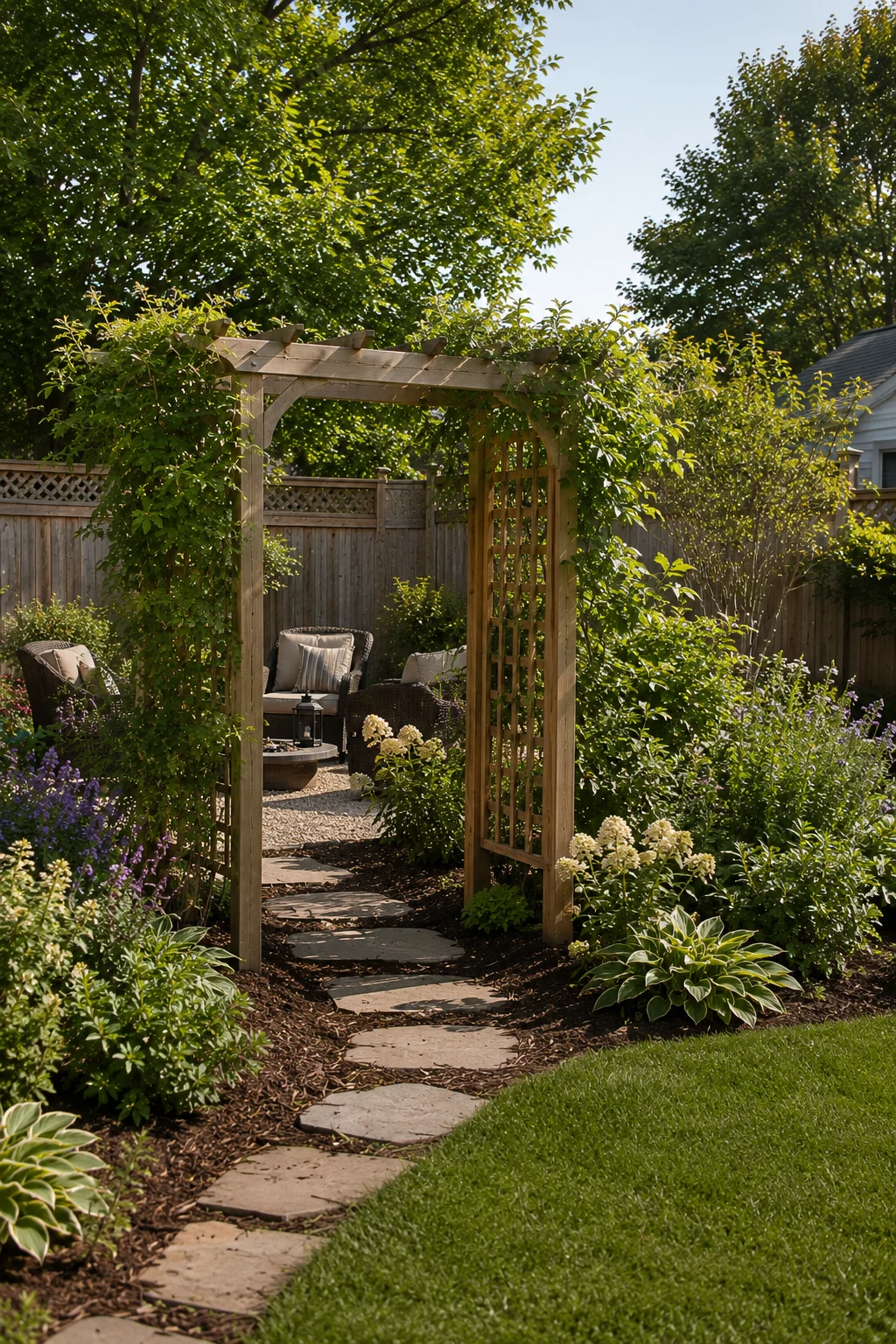 Boundary planting and arbor separating a backyard retreat from the main yard