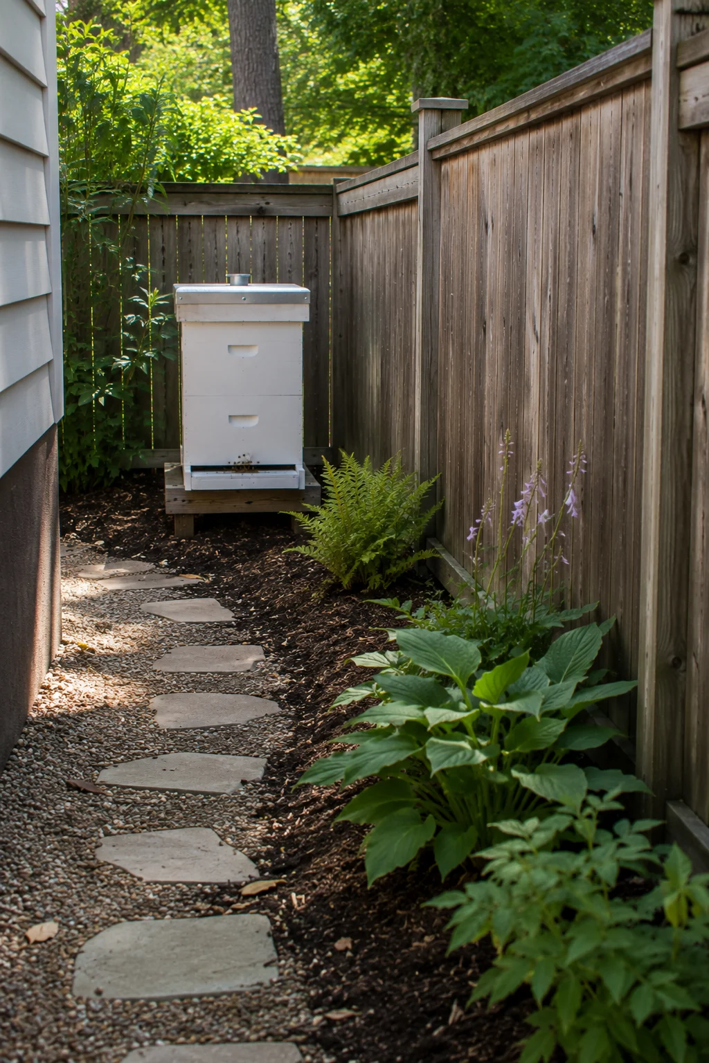Single beehive tucked into a narrow backyard side yard