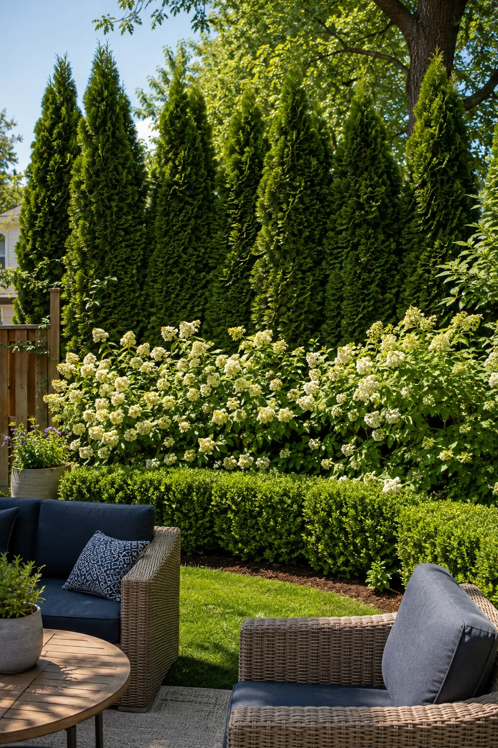 Layered privacy hedge enclosing a backyard retreat seating area