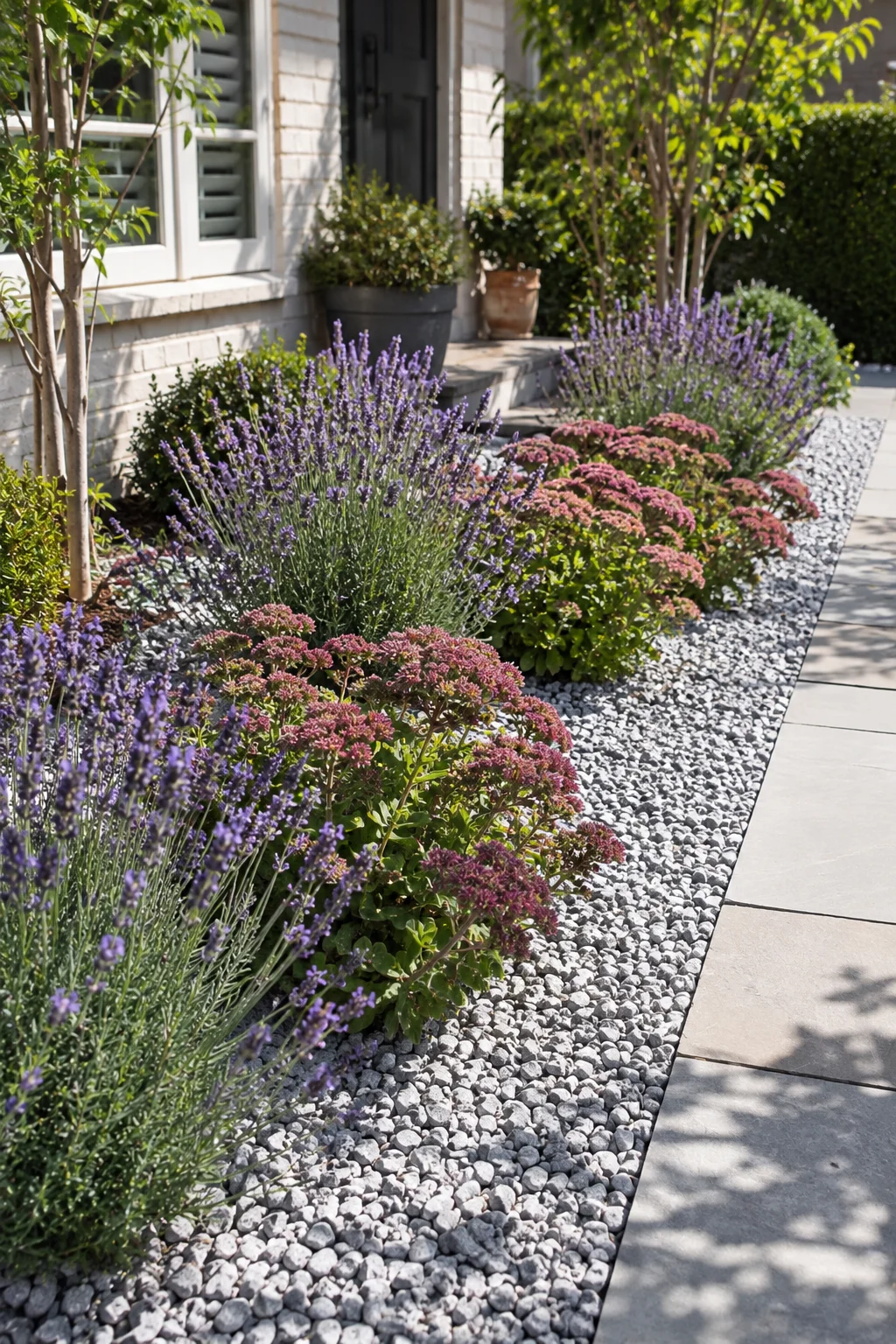 Gravel border replacing mulch in a low maintenance front yard bed
