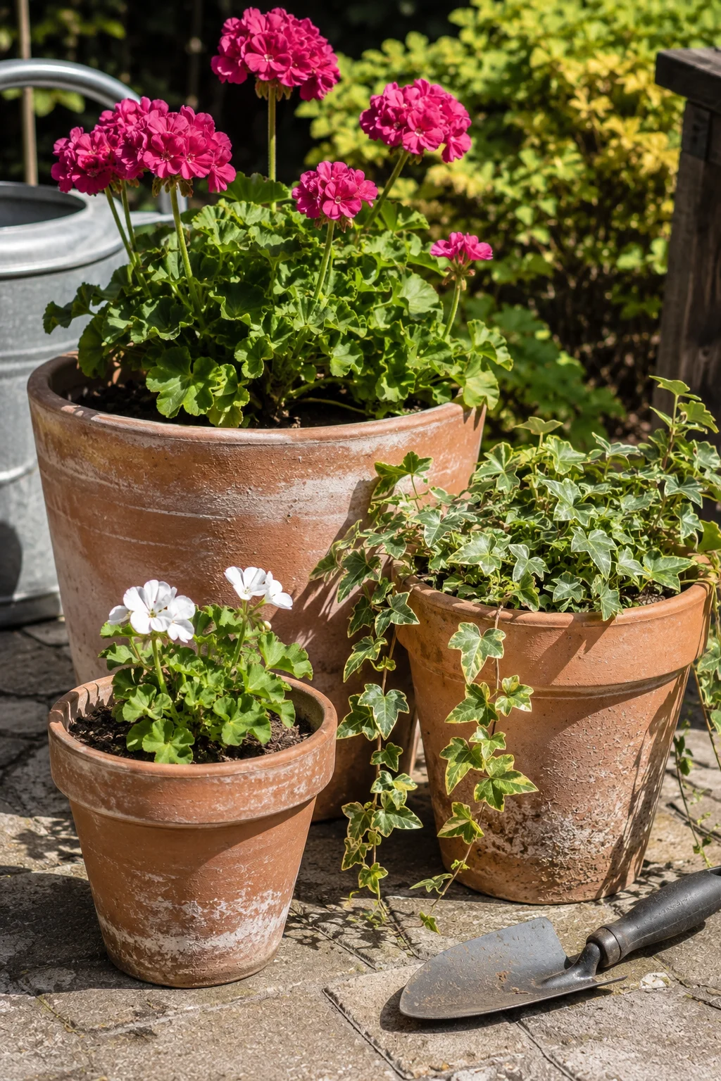 Classic terracotta pots with geraniums and trailing ivy on a patio