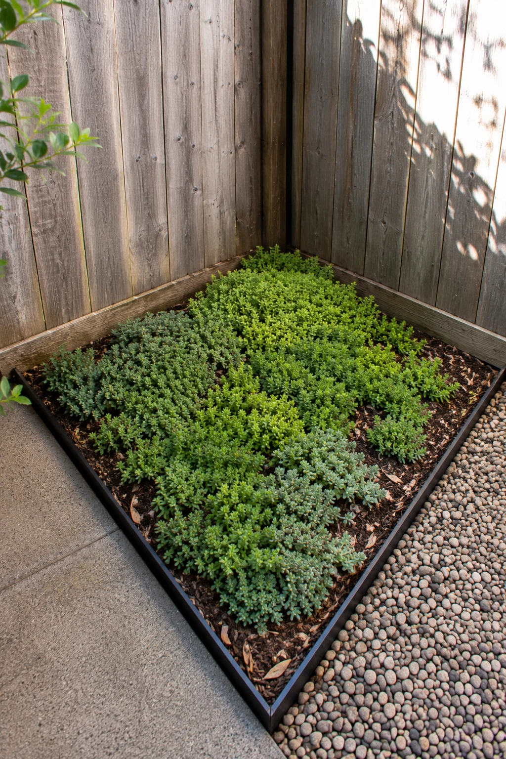 Triangle bed filled with groundcover in an awkward garden corner
