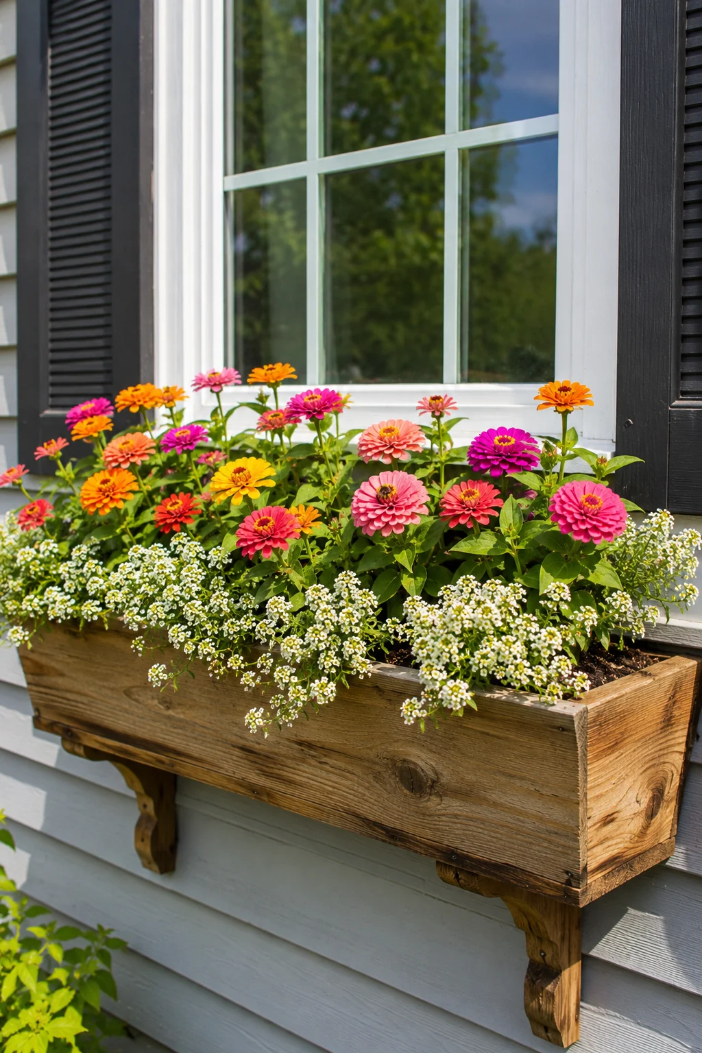 Window box planted with pollinator-friendly flowers on a house exterior