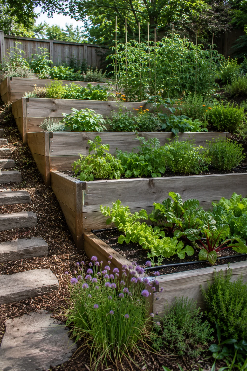 tiered raised beds sloped yard design idea