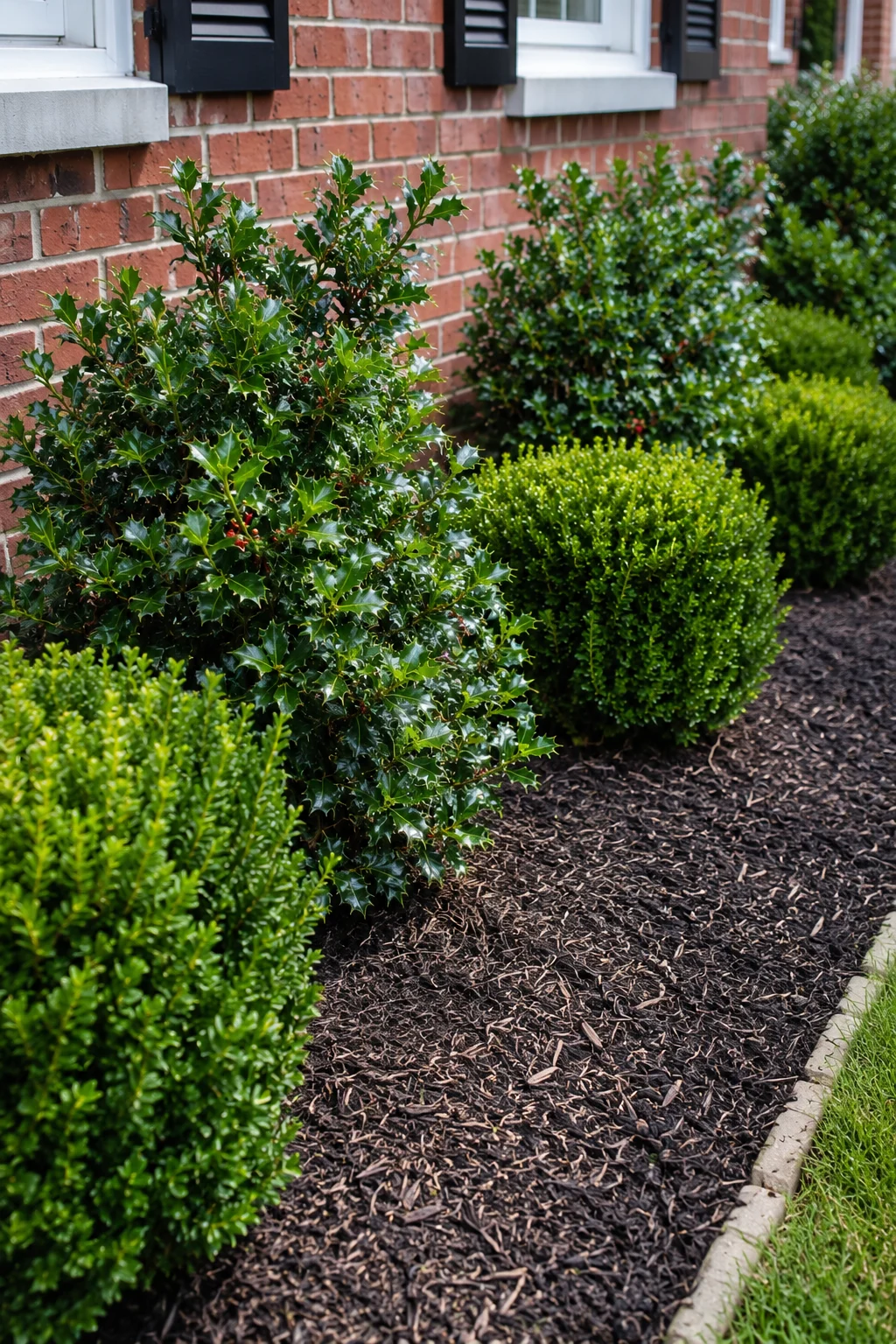 Simplified foundation bed with repeated shrubs in a front yard