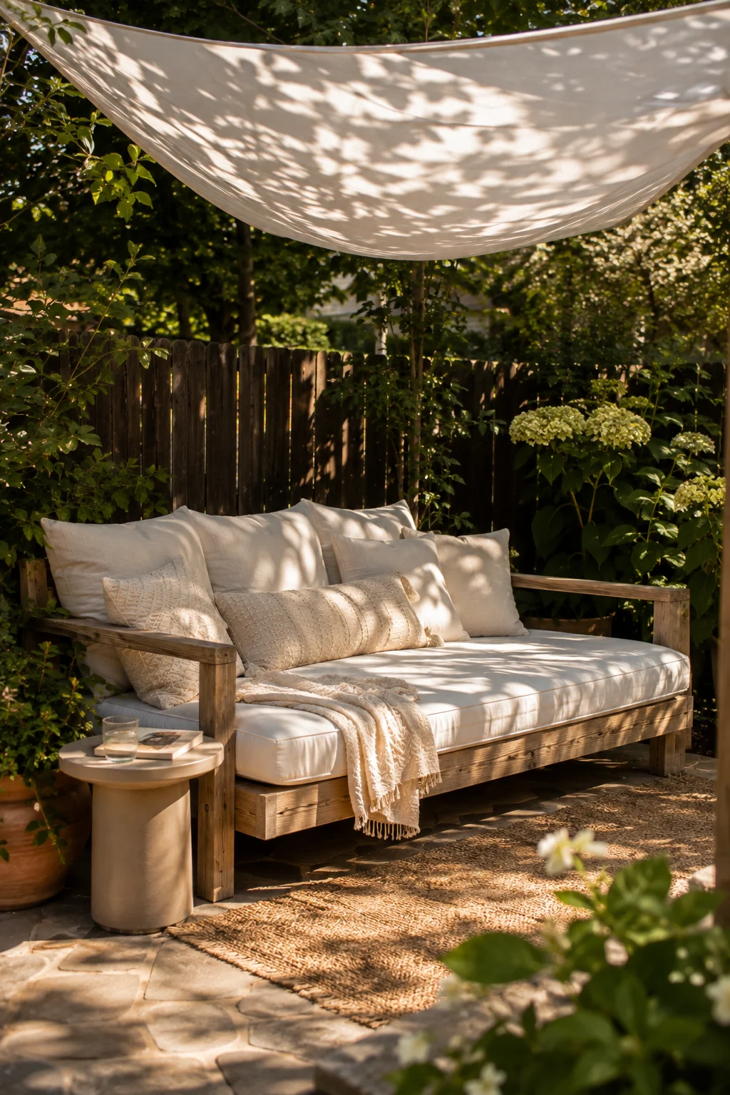 Outdoor daybed lounge beneath a shade canopy in a backyard retreat