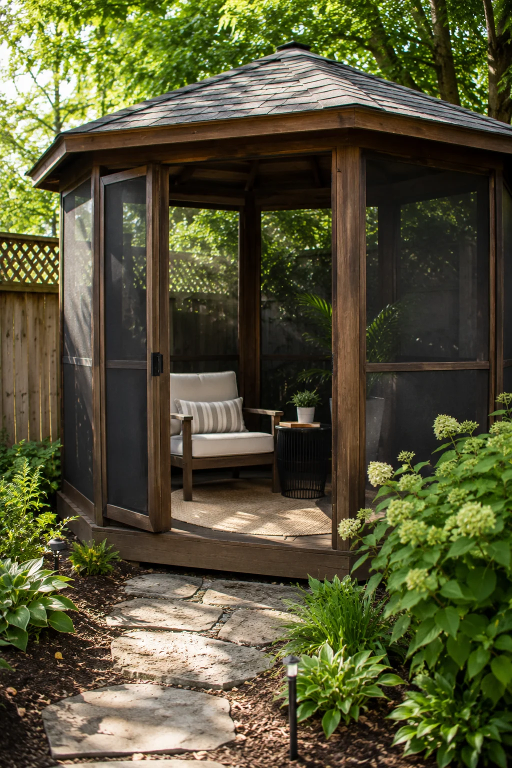 Screened reading corner structure in a backyard retreat