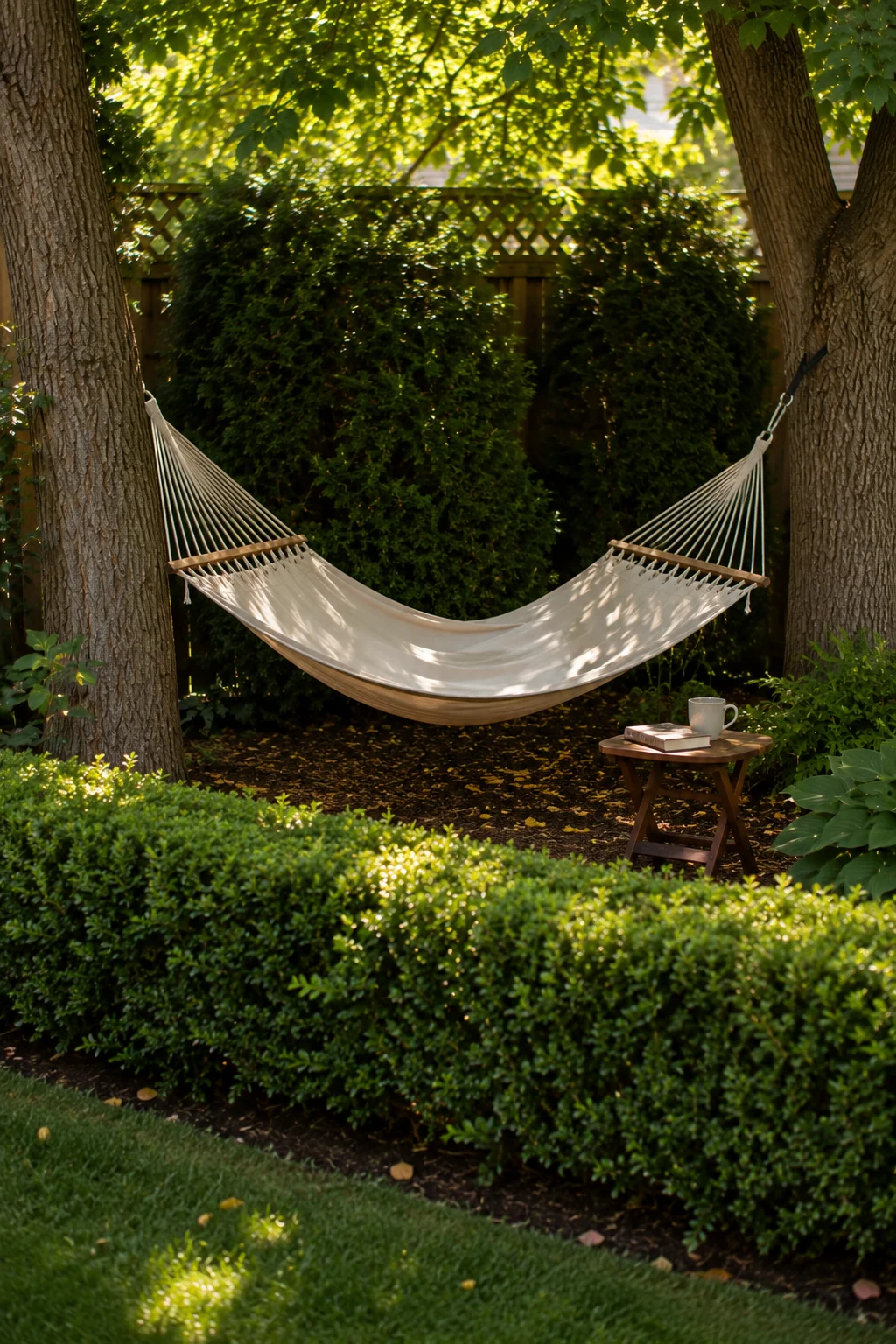 Hammock reading nook tucked into a private backyard retreat