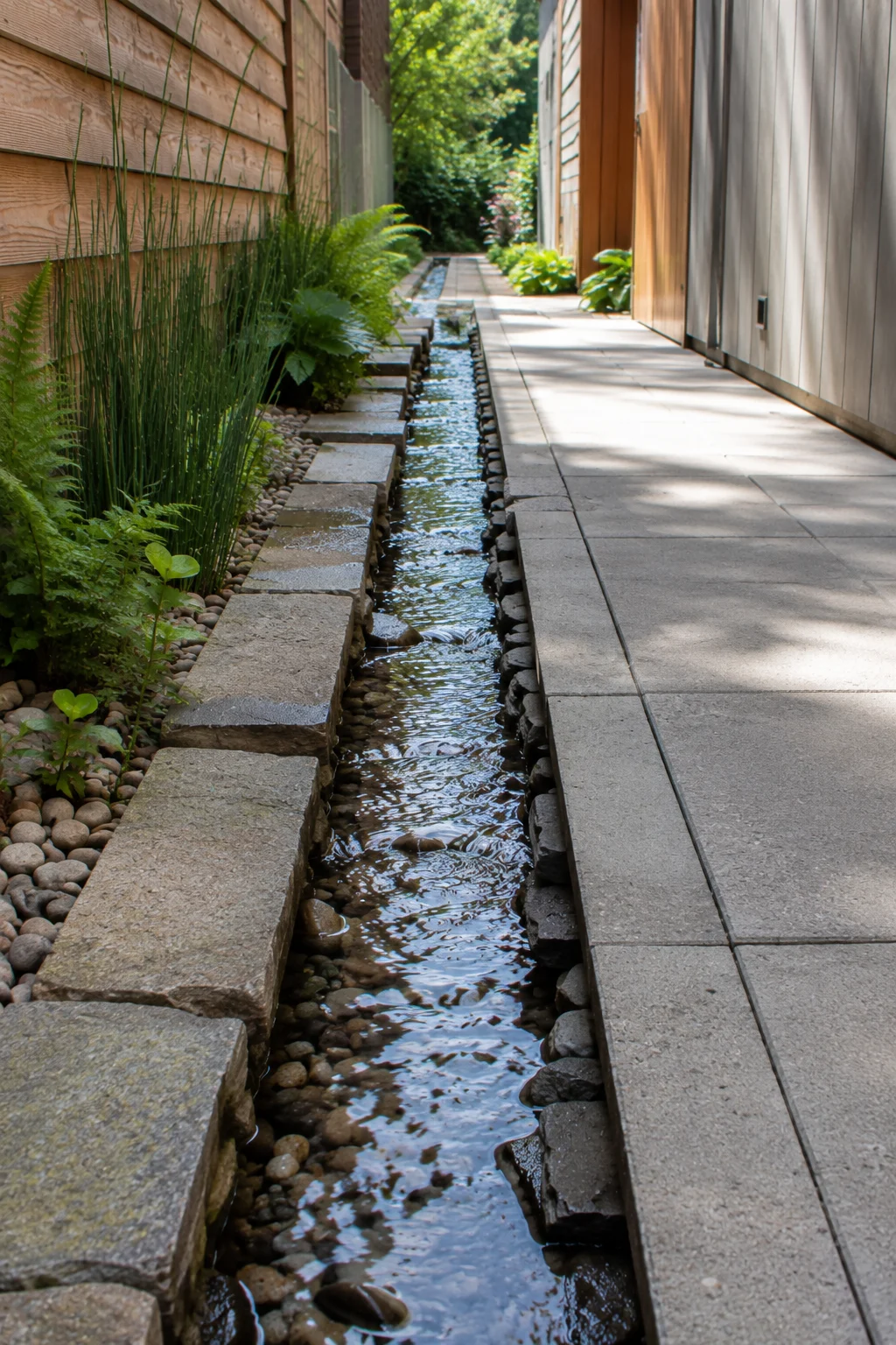 Narrow runnel water channel in a passage between structures