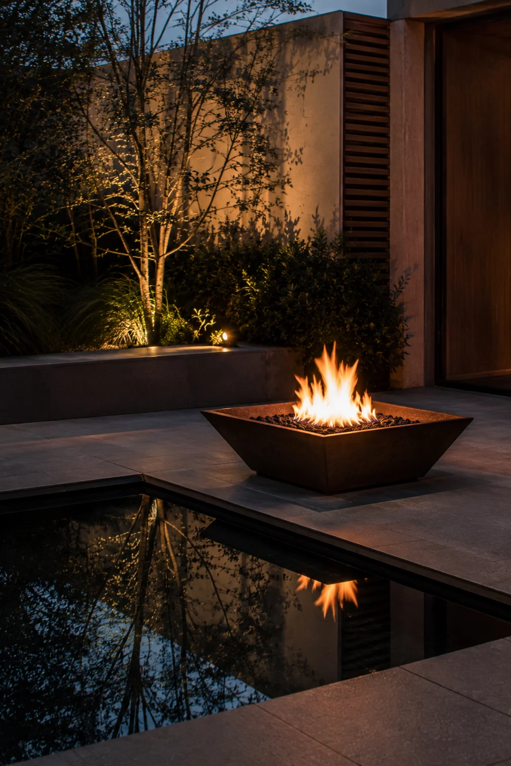 fire and water feature modern garden idea