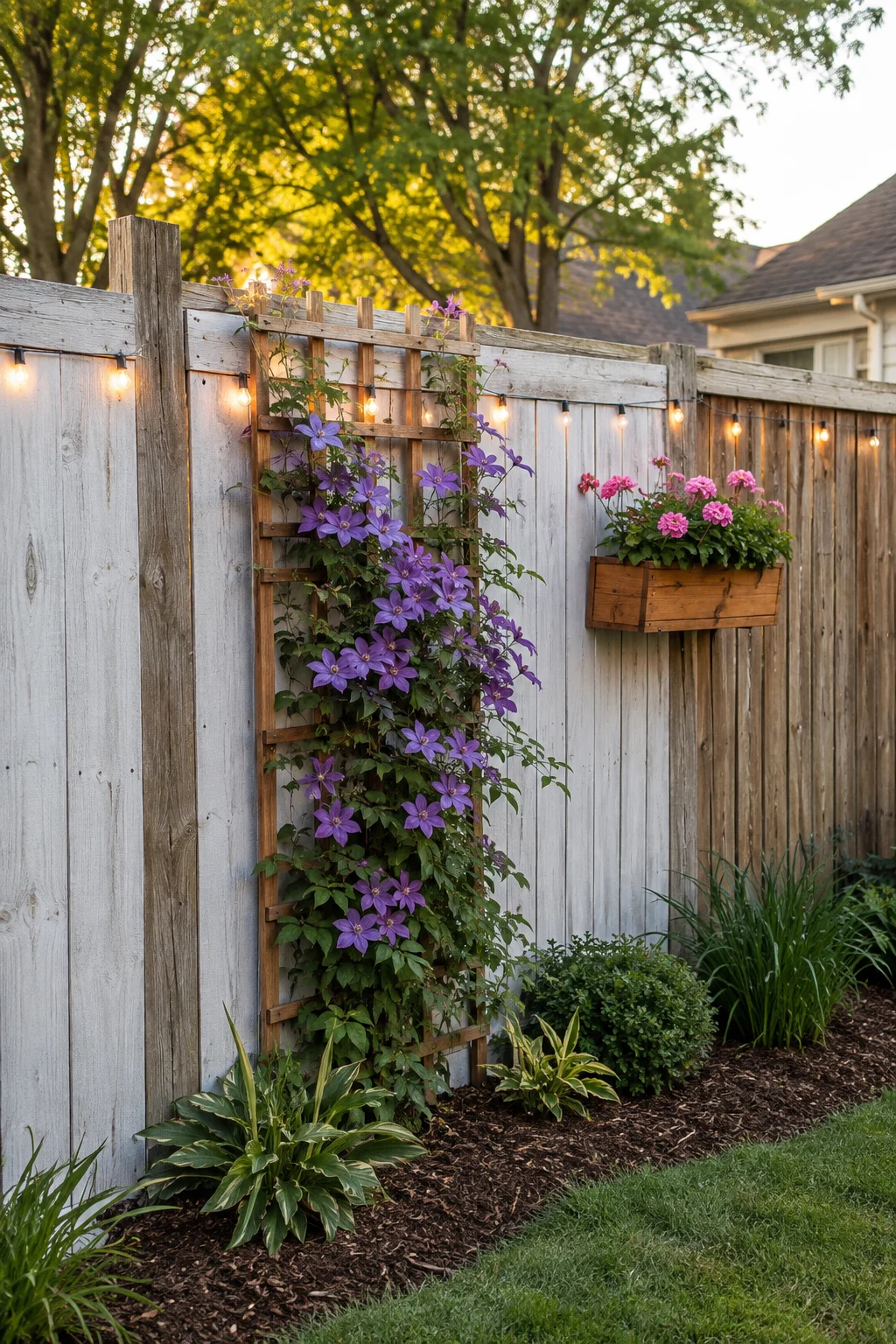 Backyard privacy fence decorated with climbing vines, string lights, and hanging planters