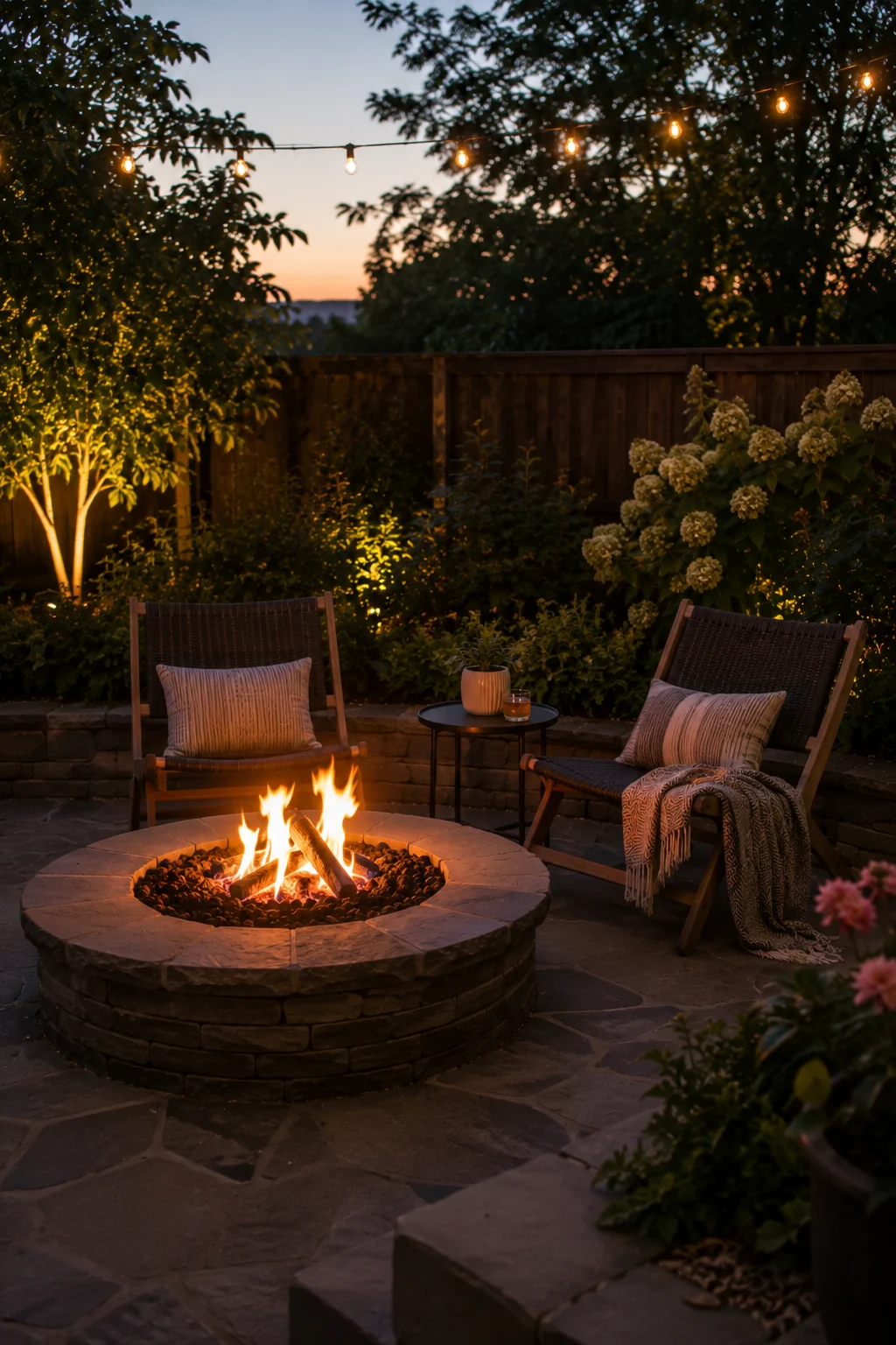 Two-chair fire pit corner in a quiet backyard retreat