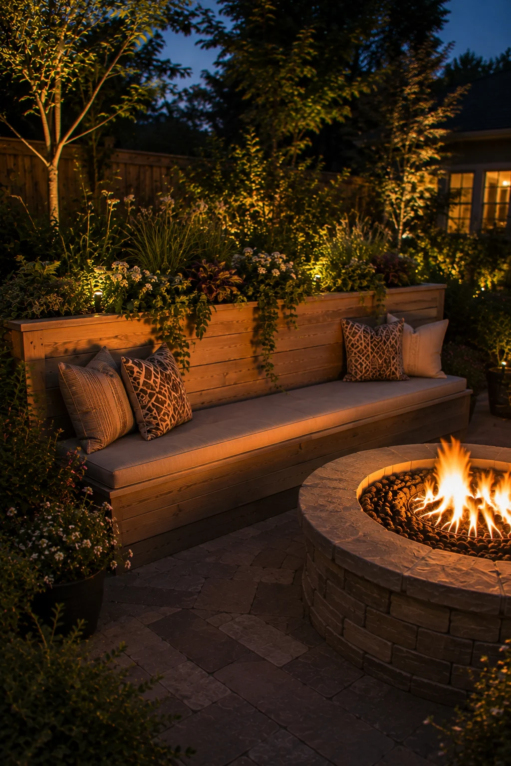 raised planter bench fire pit seating idea