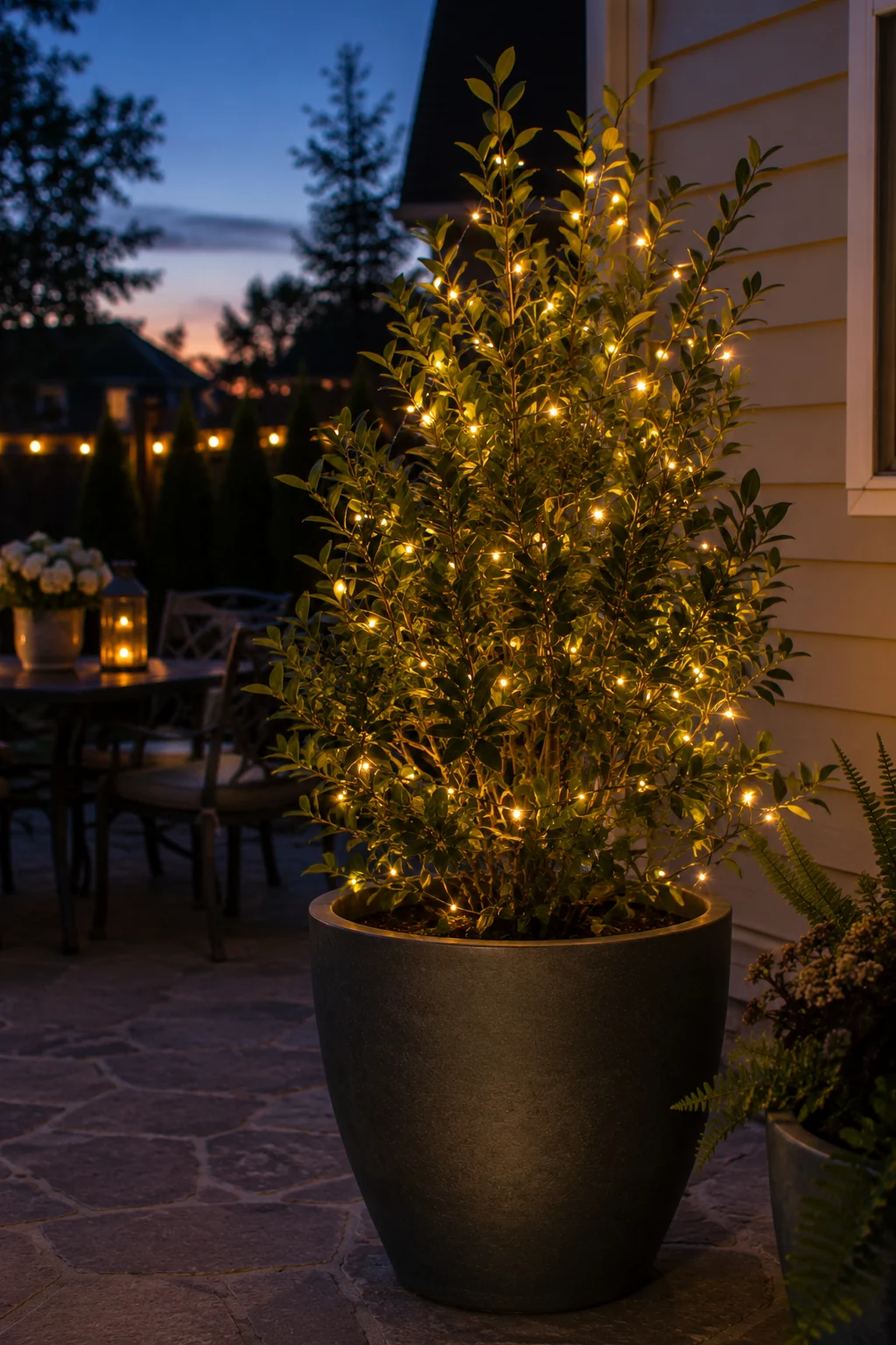 Planter wrapped in warm fairy lights on a patio at dusk