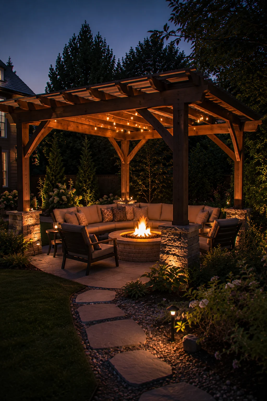 pergola over fire pit seating idea
