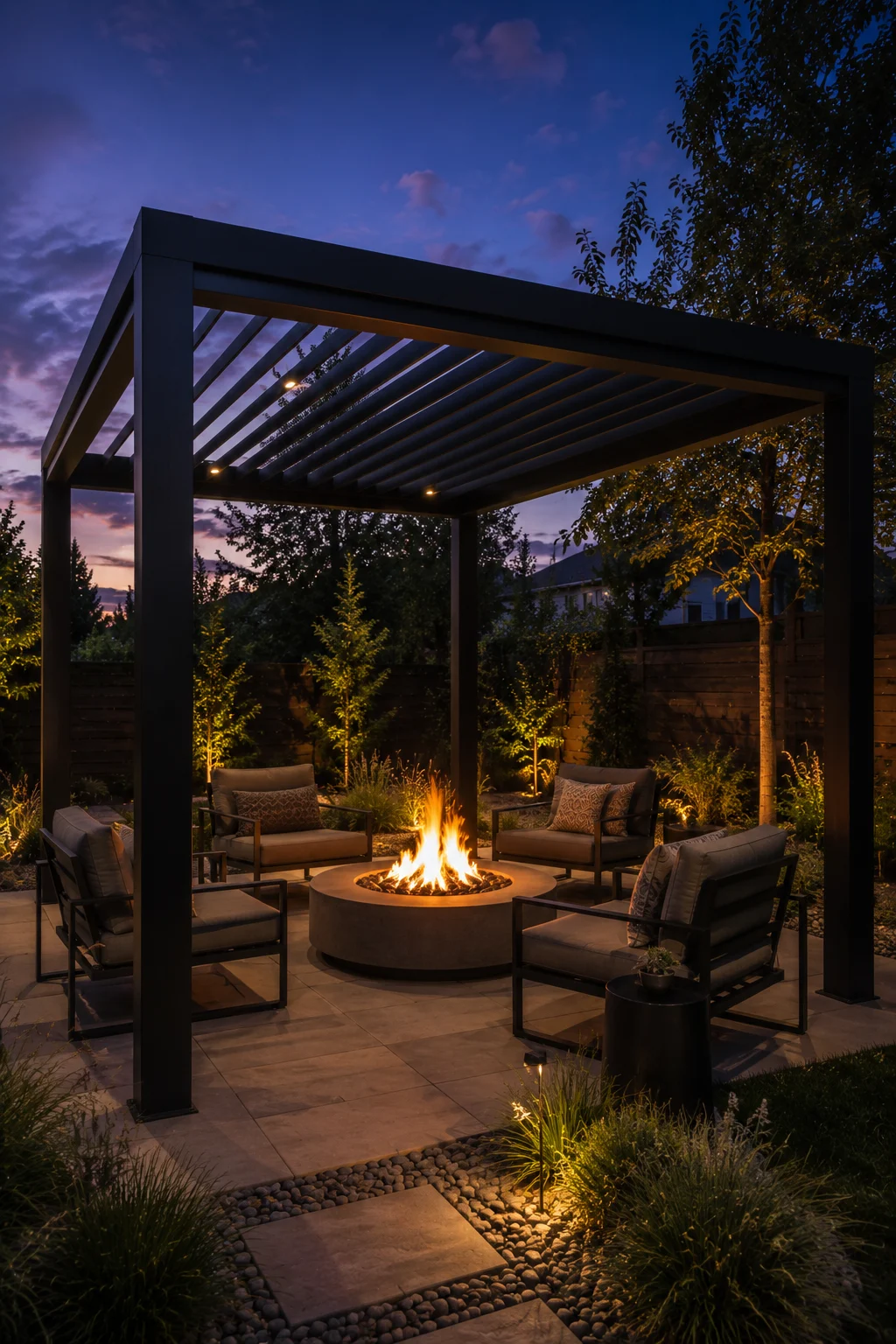 black metal pergola fire pit garden idea